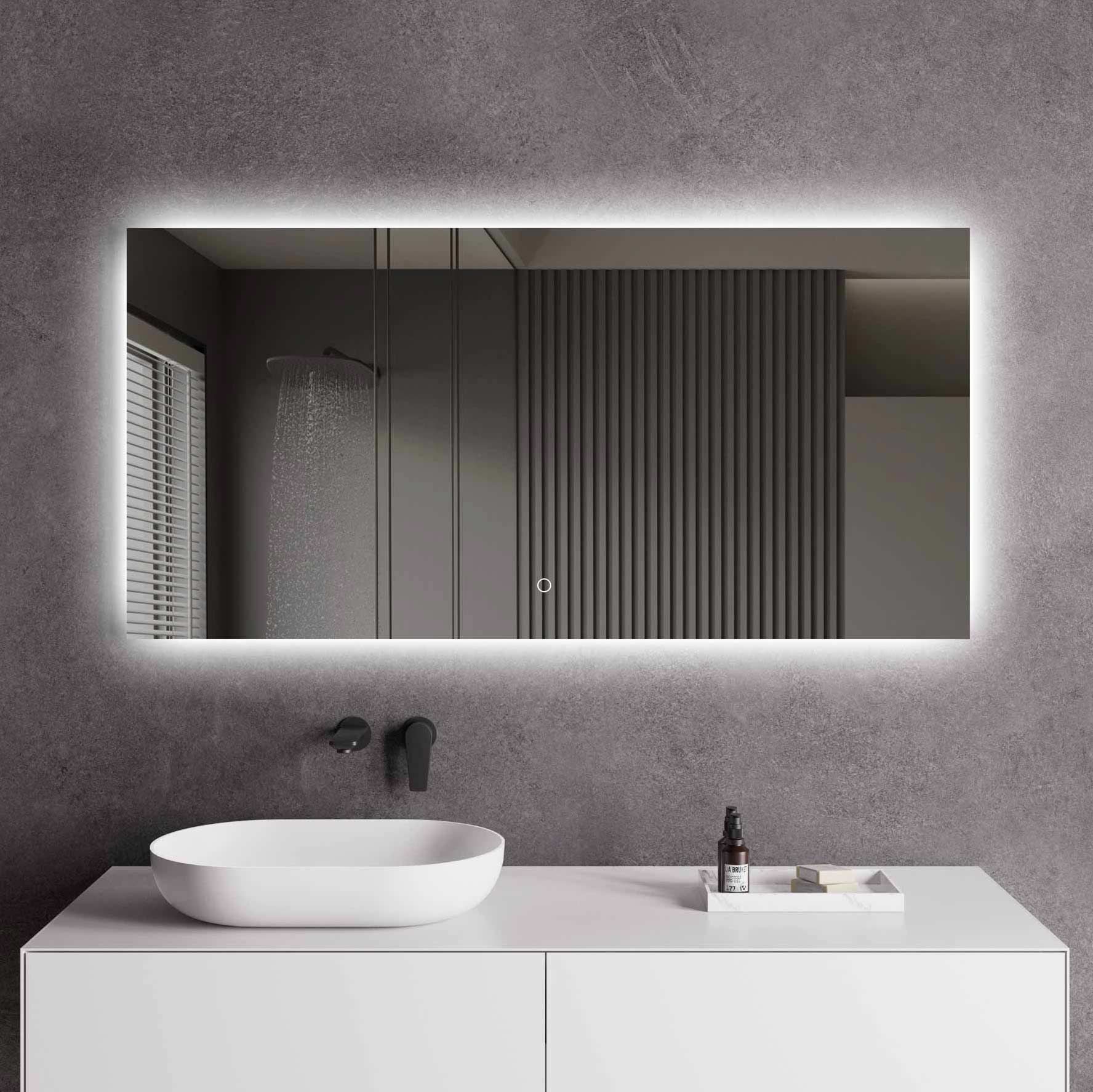 LED-Badspiegel | Hintergrundbeleuchtung | dimmbares Licht | Touch-Sensor & Spiegelheizung | Größe wählbar
