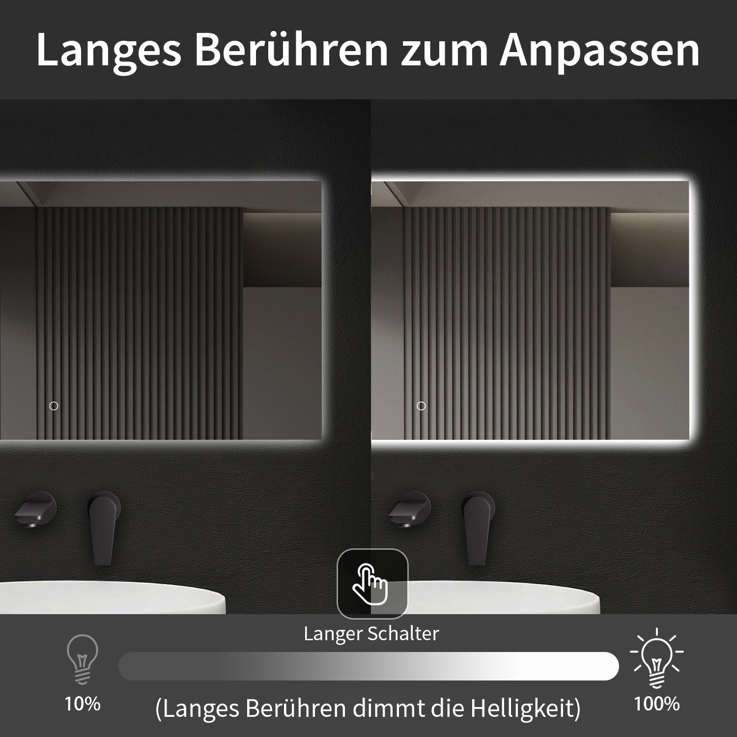 LED-Badspiegel | Hintergrundbeleuchtung | dimmbares Licht | Touch-Sensor & Spiegelheizung | Größe wählbar