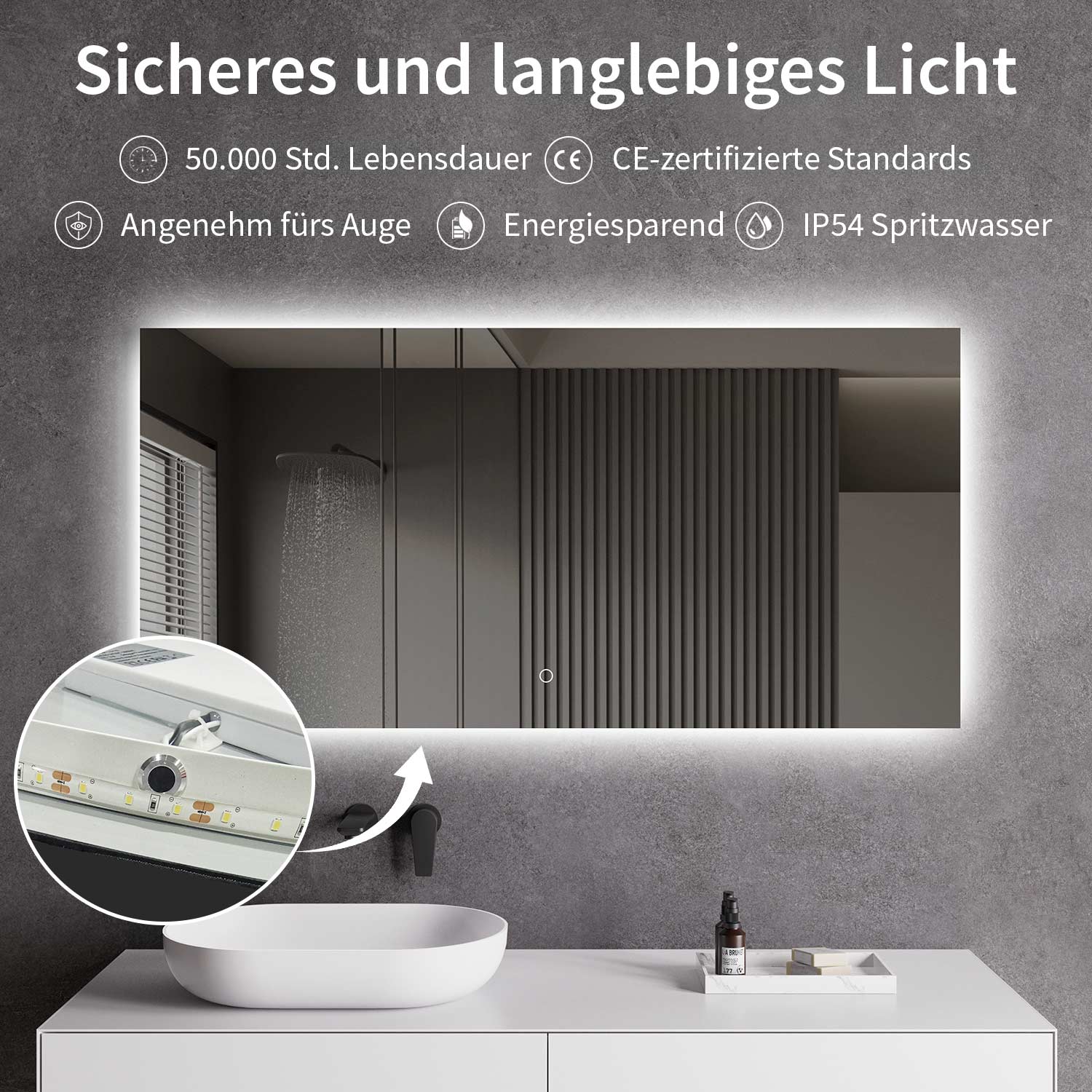 LED-Badspiegel | Hintergrundbeleuchtung | dimmbares Licht | Touch-Sensor & Spiegelheizung | Größe wählbar