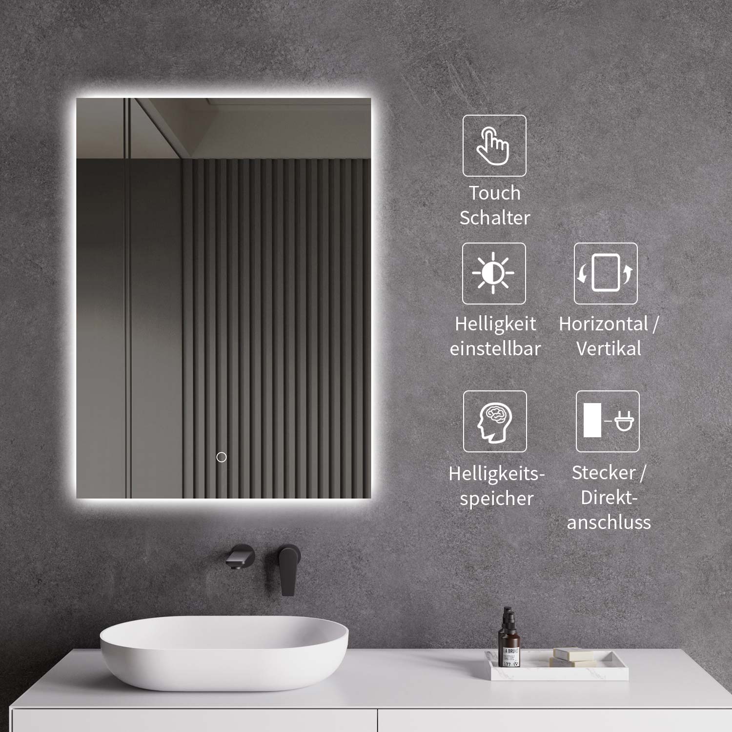 LED-Badspiegel | Hintergrundbeleuchtung | dimmbares Licht | Touch-Sensor & Spiegelheizung | Größe wählbar