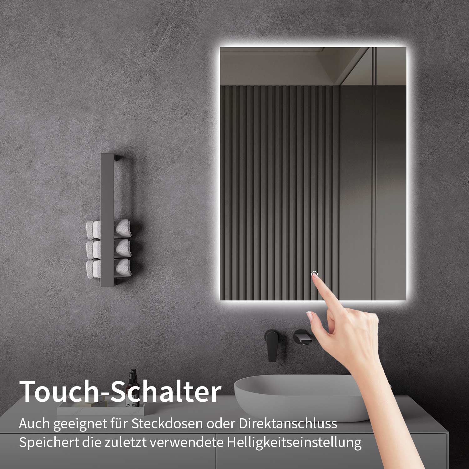 LED-Badspiegel | Hintergrundbeleuchtung | dimmbares Licht | Touch-Sensor & Spiegelheizung | Größe wählbar