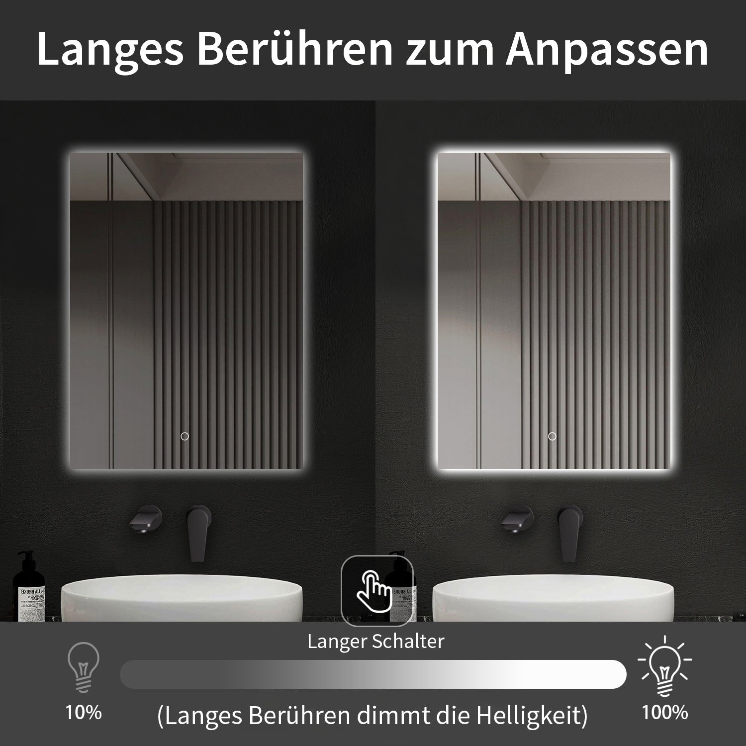 LED-Badspiegel | Hintergrundbeleuchtung | dimmbares Licht | Touch-Sensor & Spiegelheizung | Größe wählbar