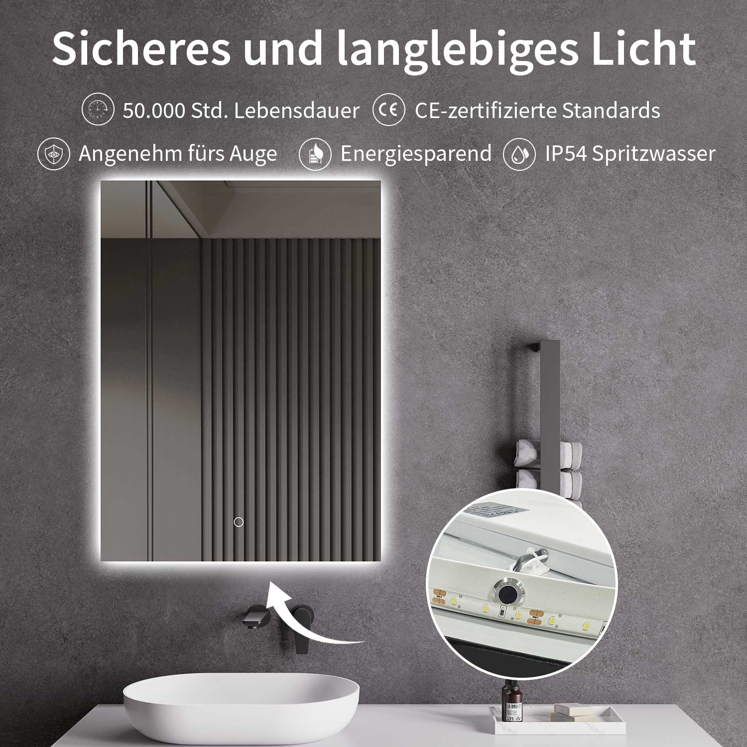 LED-Badspiegel | Hintergrundbeleuchtung | dimmbares Licht | Touch-Sensor & Spiegelheizung | Größe wählbar