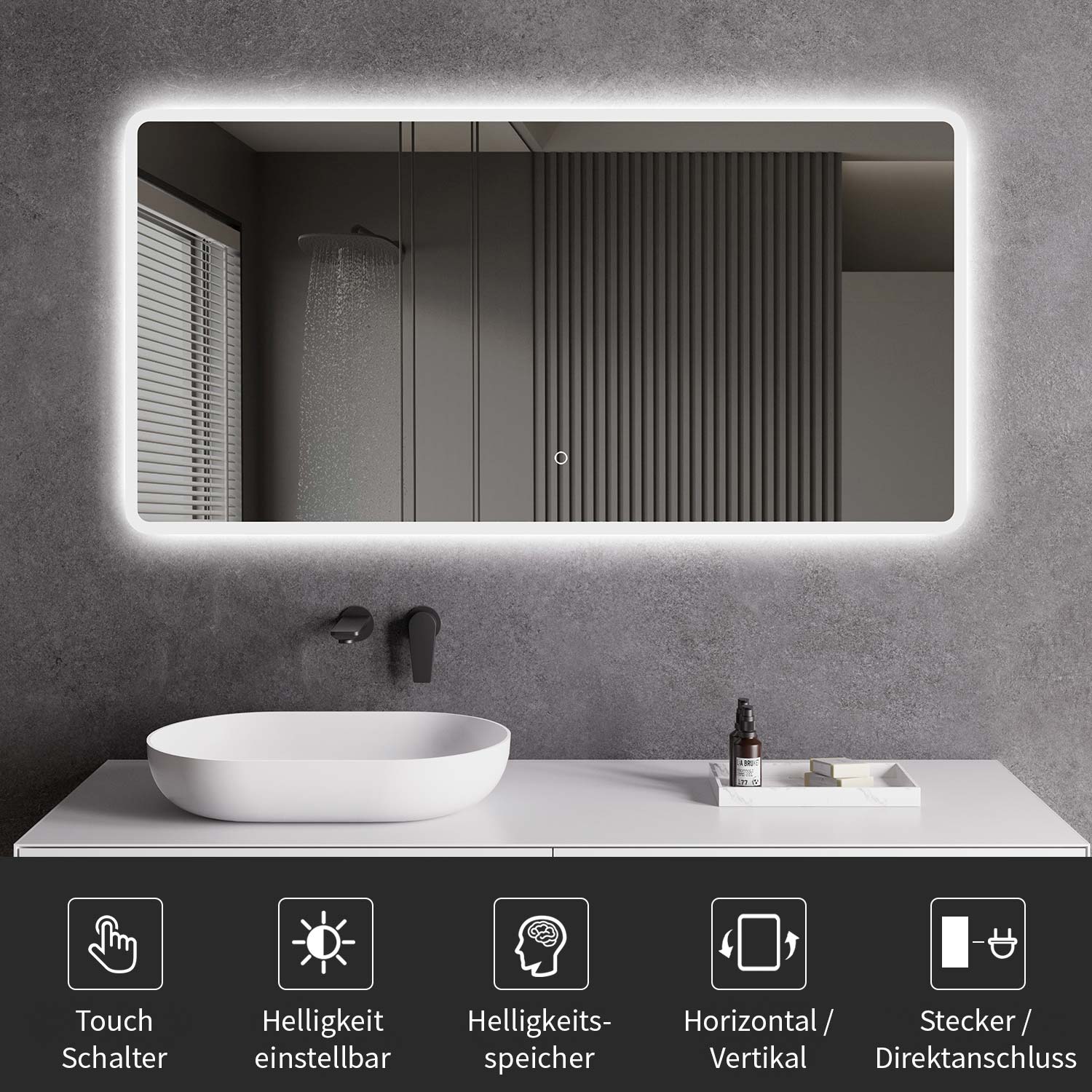 LED-Badspiegel | Vorder- & Hintergrundbeleuchtung | dimmbares Licht | Touch-Sensor & Spiegelheizung | Größe wählbar