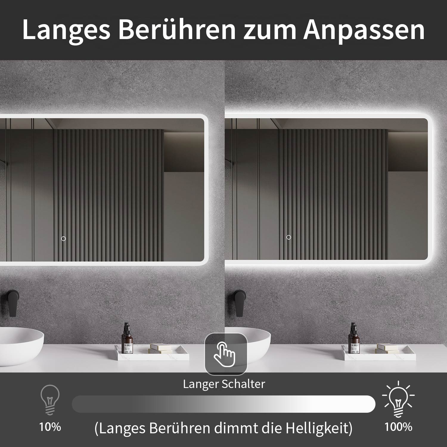 LED-Badspiegel | Vorder- & Hintergrundbeleuchtung | dimmbares Licht | Touch-Sensor & Spiegelheizung | Größe wählbar