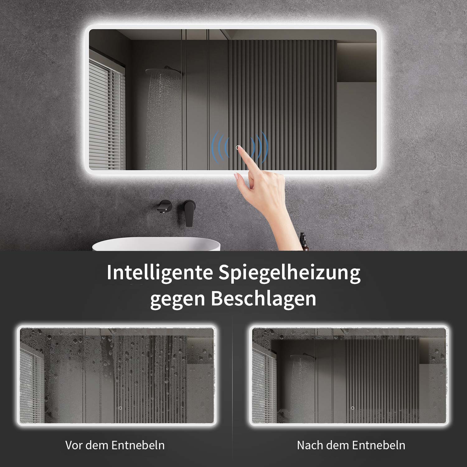 LED-Badspiegel | Vorder- & Hintergrundbeleuchtung | dimmbares Licht | Touch-Sensor & Spiegelheizung | Größe wählbar