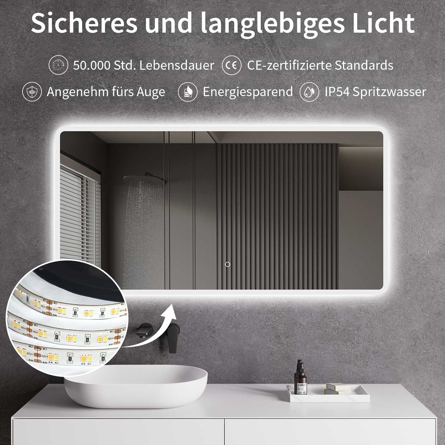 LED-Badspiegel | Vorder- & Hintergrundbeleuchtung | dimmbares Licht | Touch-Sensor & Spiegelheizung | Größe wählbar