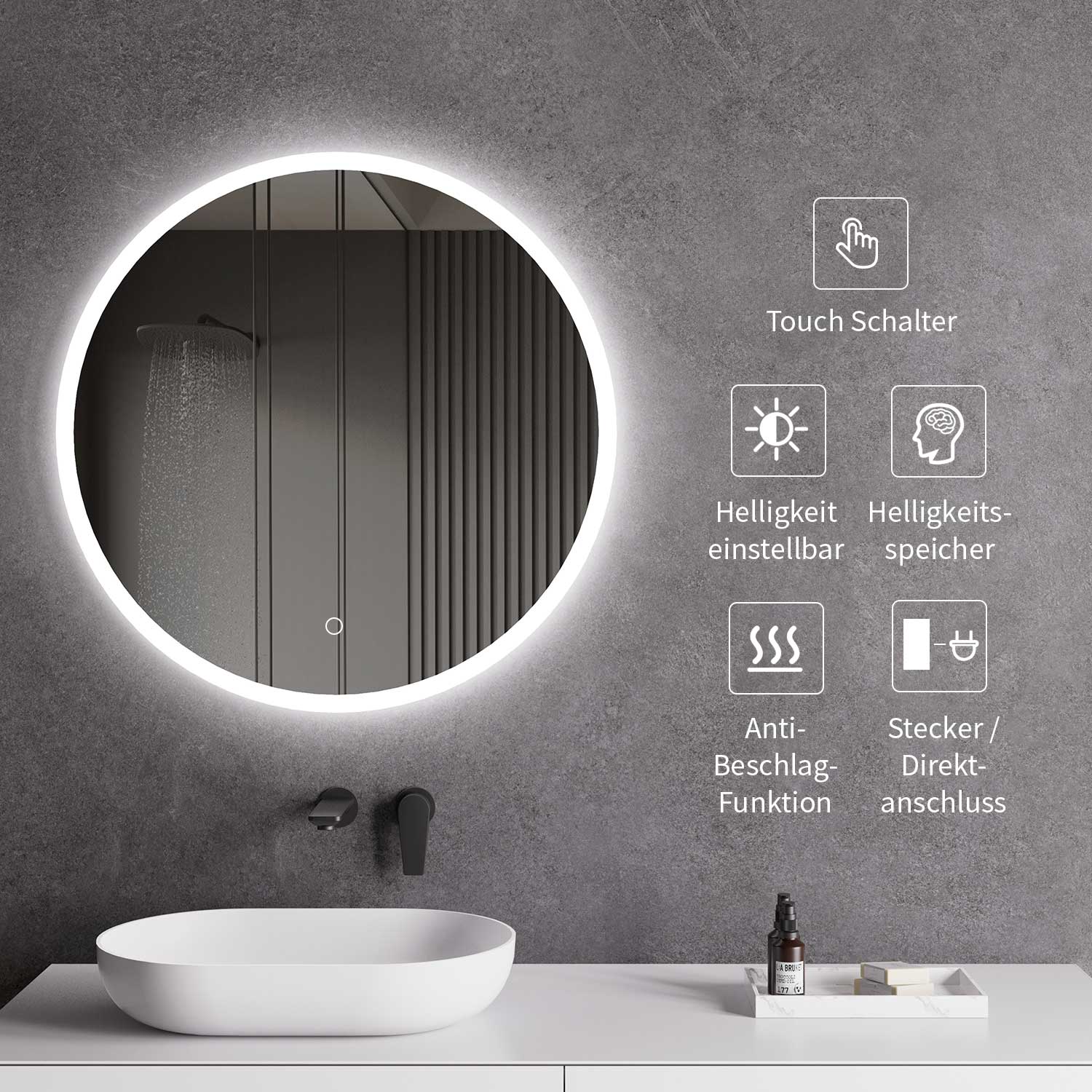 LED-Badspiegel Rund | Vorder- & Hintergrundbeleuchtung | dimmbares Licht | Touch-Sensor & Spiegelheizung | Größe wählbar