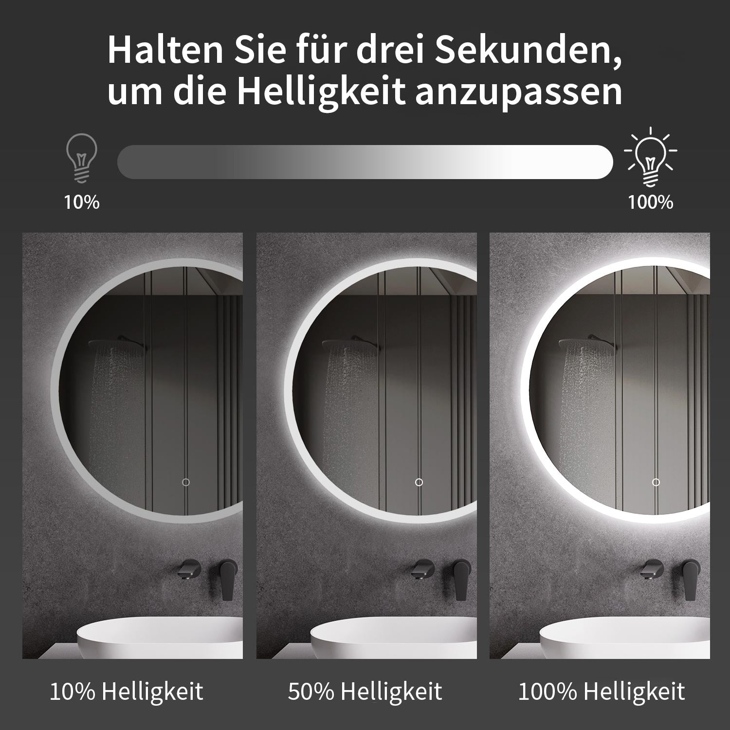 LED-Badspiegel Rund | Vorder- & Hintergrundbeleuchtung | dimmbares Licht | Touch-Sensor & Spiegelheizung | Größe wählbar