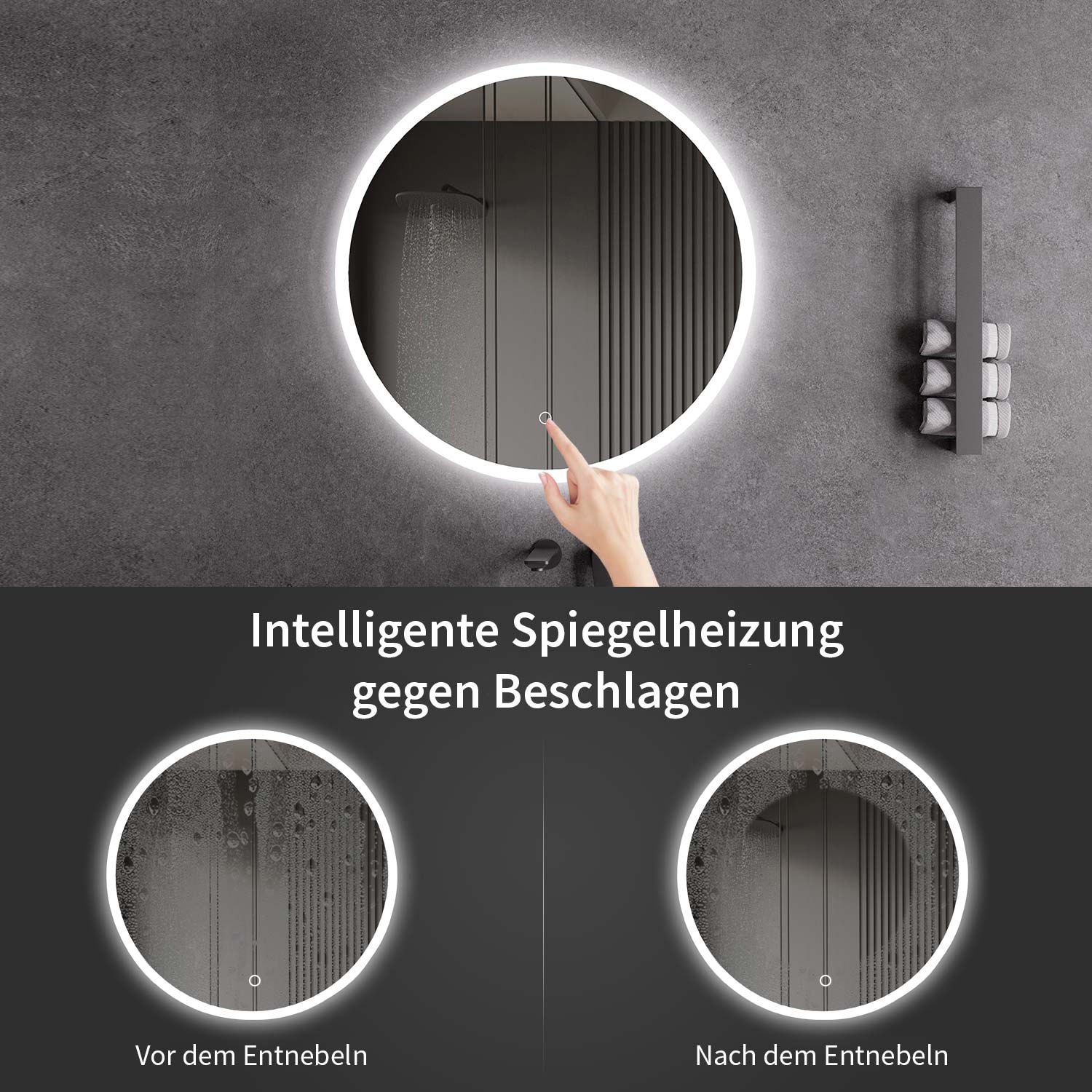 LED-Badspiegel Rund | Vorder- & Hintergrundbeleuchtung | dimmbares Licht | Touch-Sensor & Spiegelheizung | Größe wählbar