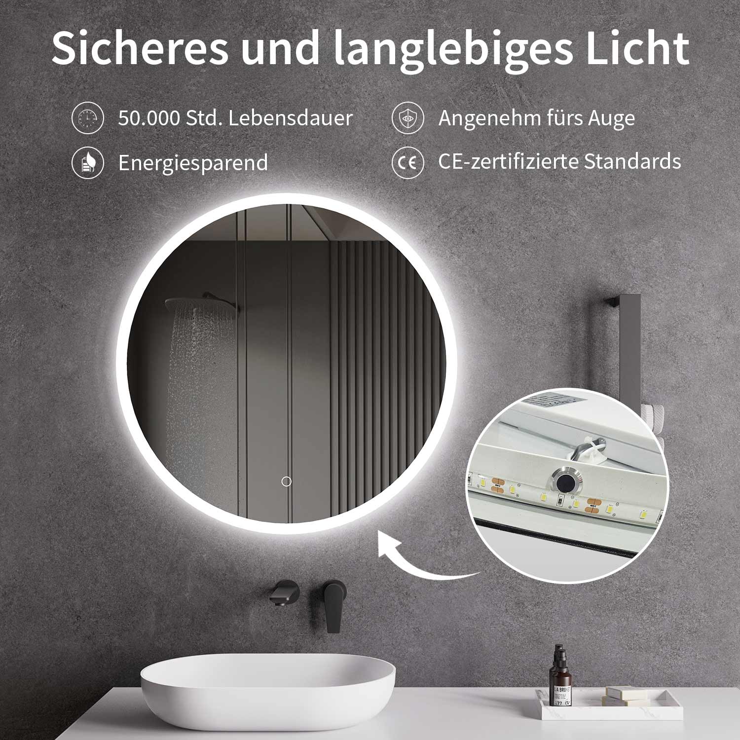 LED-Badspiegel Rund | Vorder- & Hintergrundbeleuchtung | dimmbares Licht | Touch-Sensor & Spiegelheizung | Größe wählbar