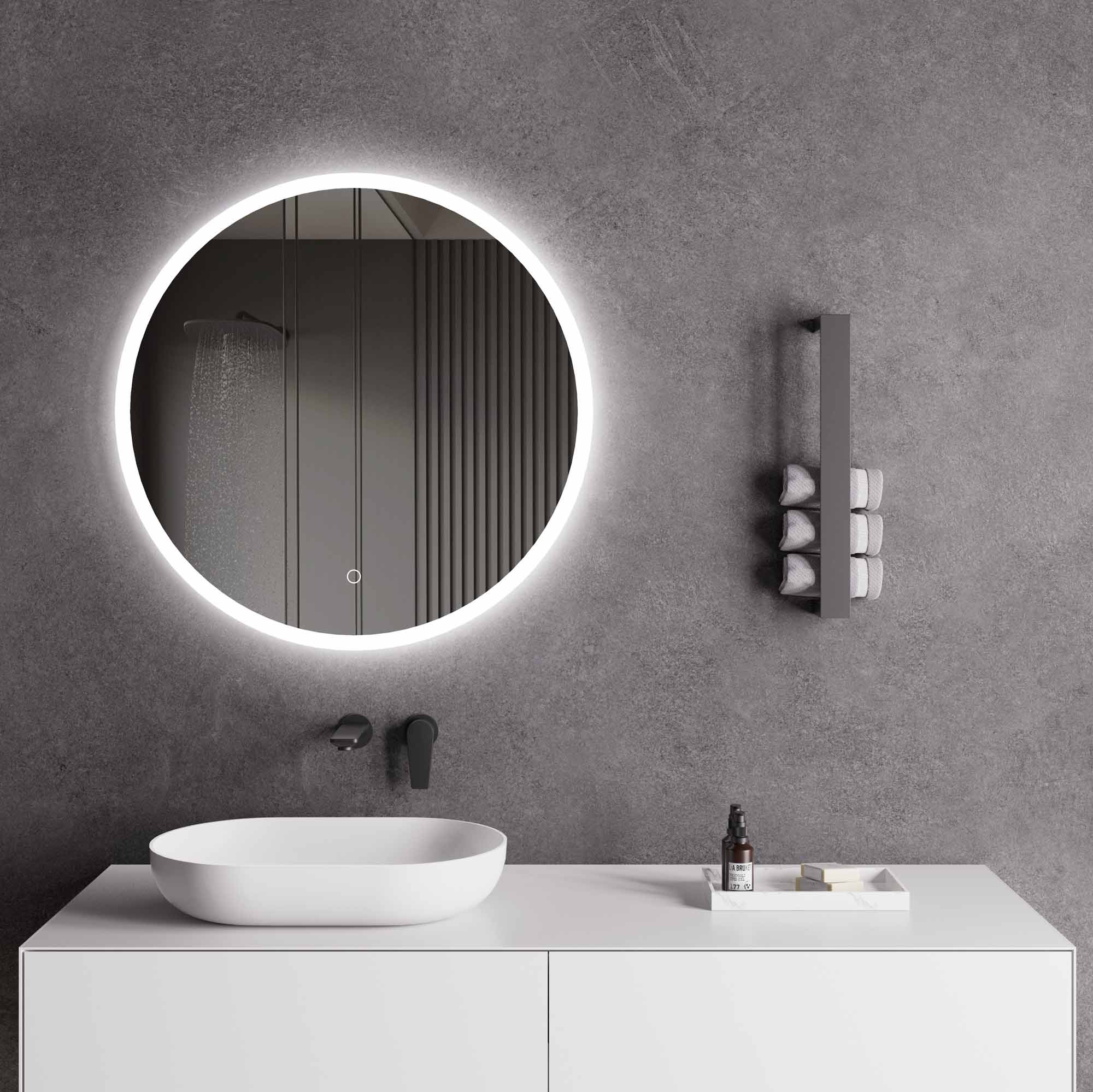 LED-Badspiegel Rund | Vorder- & Hintergrundbeleuchtung | dimmbares Licht | Touch-Sensor & Spiegelheizung | Größe wählbar