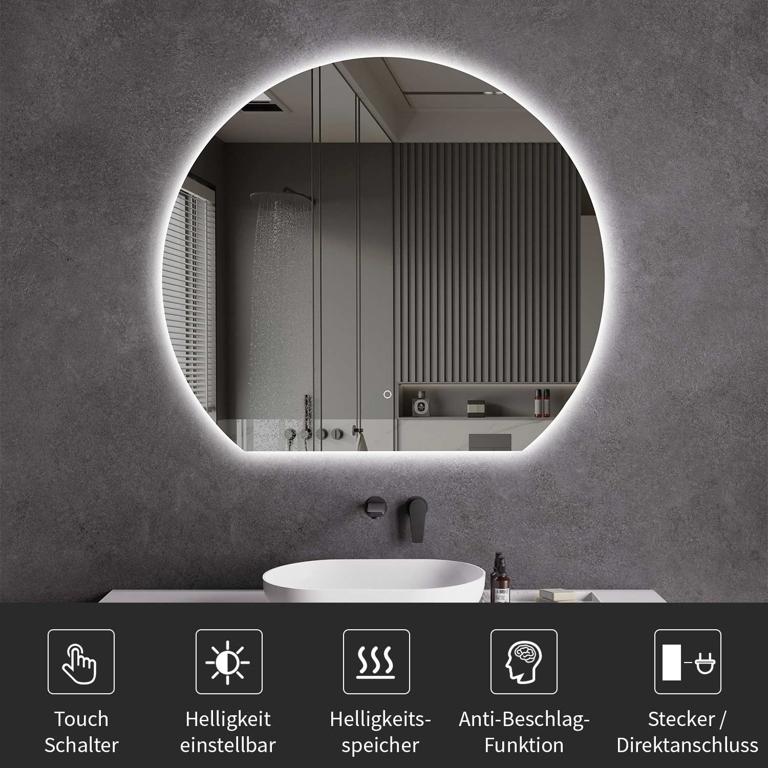 LED-Badspiegel Rund mit flacher Unterkante & Spiegelheizung Größe: 100 - 120 cm