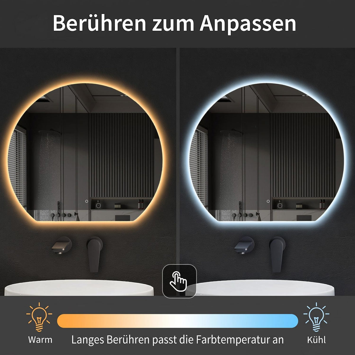 Espejo de baño LED redondo con borde inferior plano y calefacción del espejo Tamaño: 100 - 120 cm