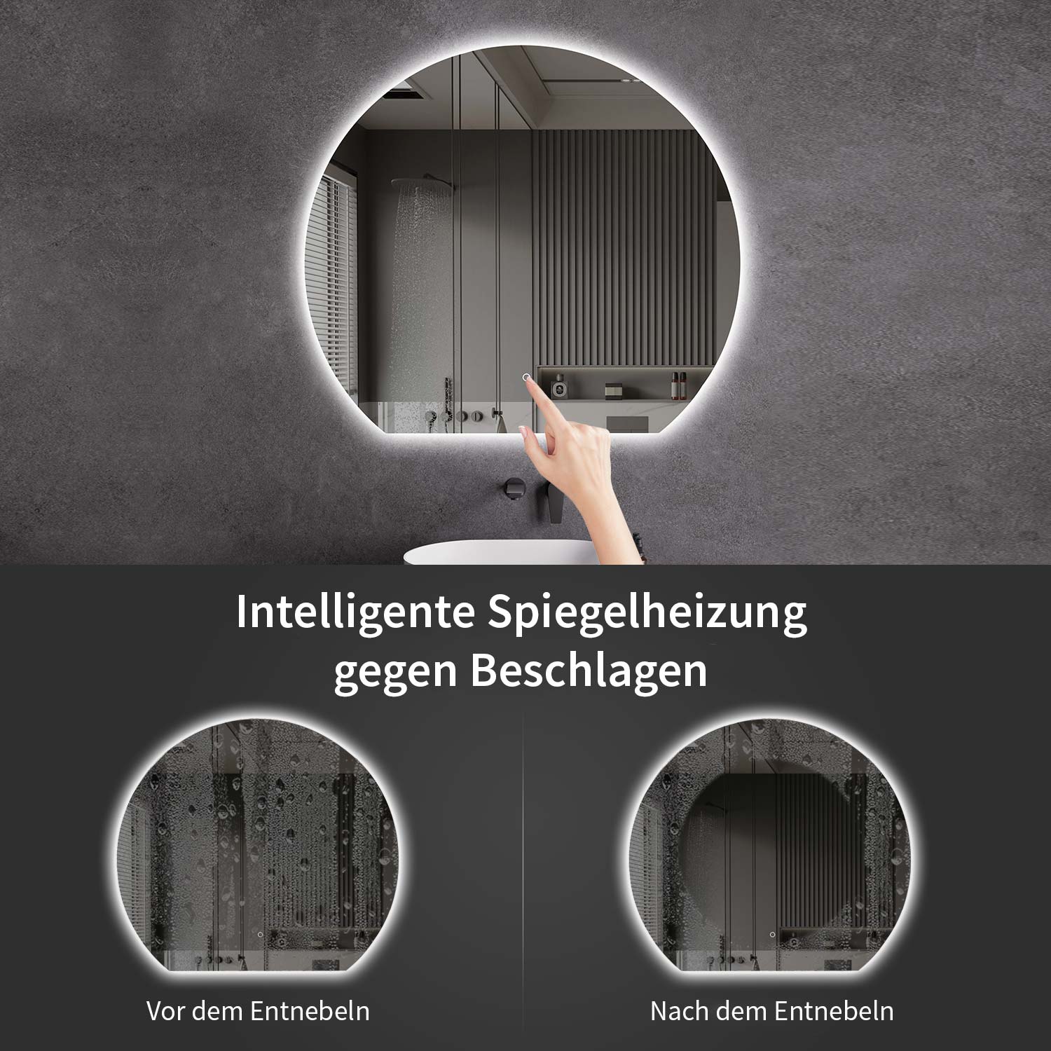 LED-Badspiegel Rund mit flacher Unterkante & Spiegelheizung Größe: 100 - 120 cm