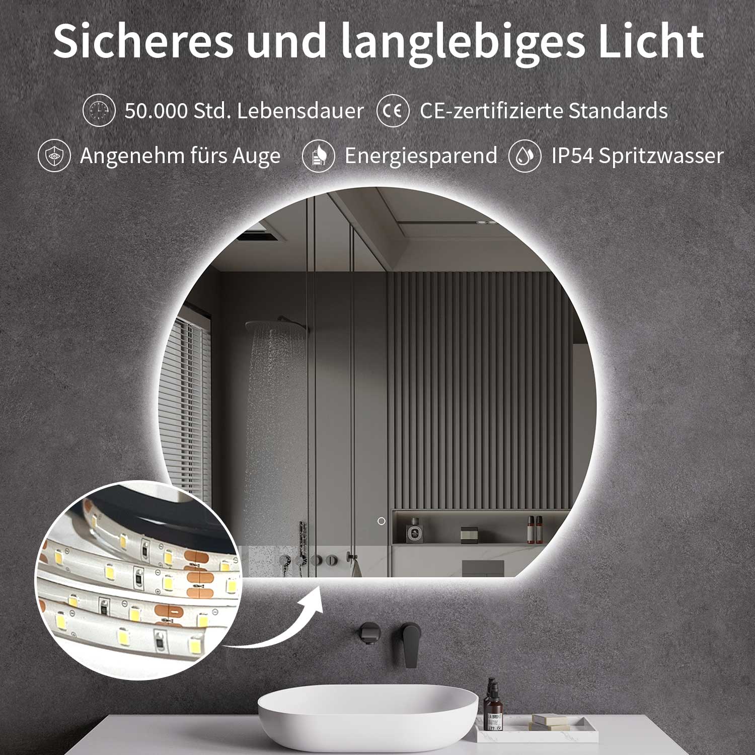 LED-Badspiegel Rund mit flacher Unterkante & Spiegelheizung Größe: 100 - 120 cm