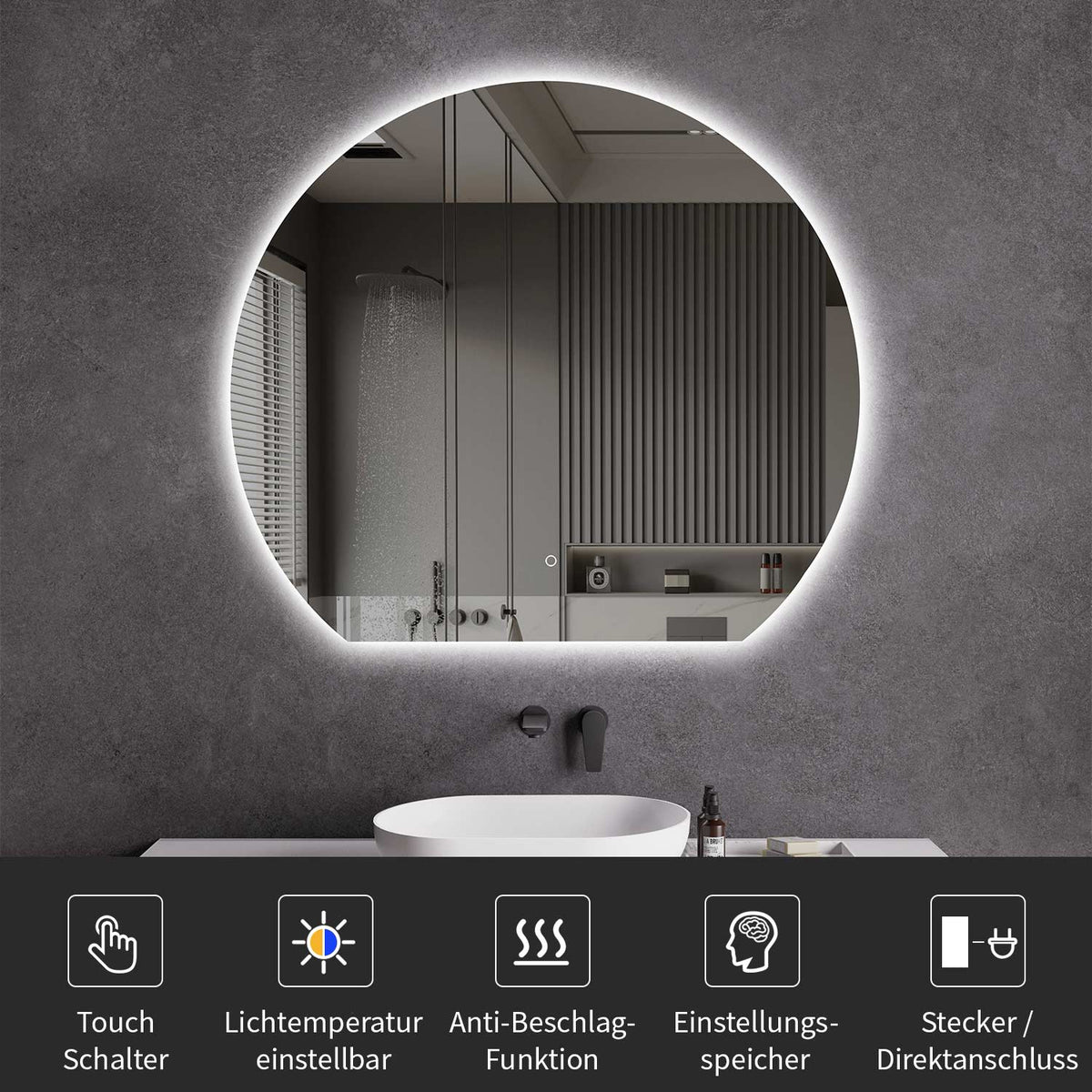 Espejo de baño LED redondo con borde inferior plano y calefacción del espejo Tamaño: 100 - 120 cm