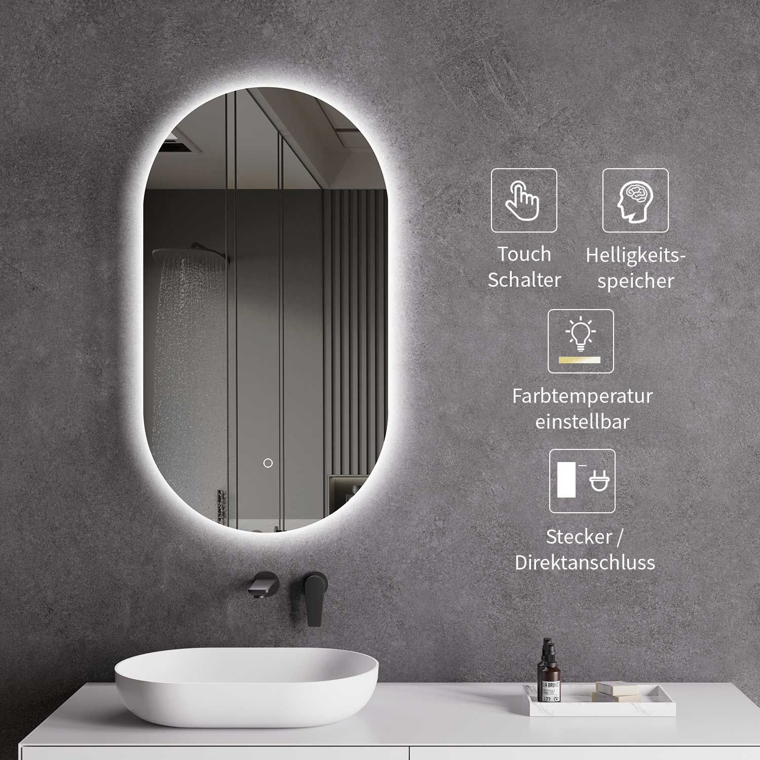 LED Spiegel Oval Spiegelheizung 40x60 oder 55x100 Schwarz Matt Warm-/Kaltlichteinstellung Badspiegel