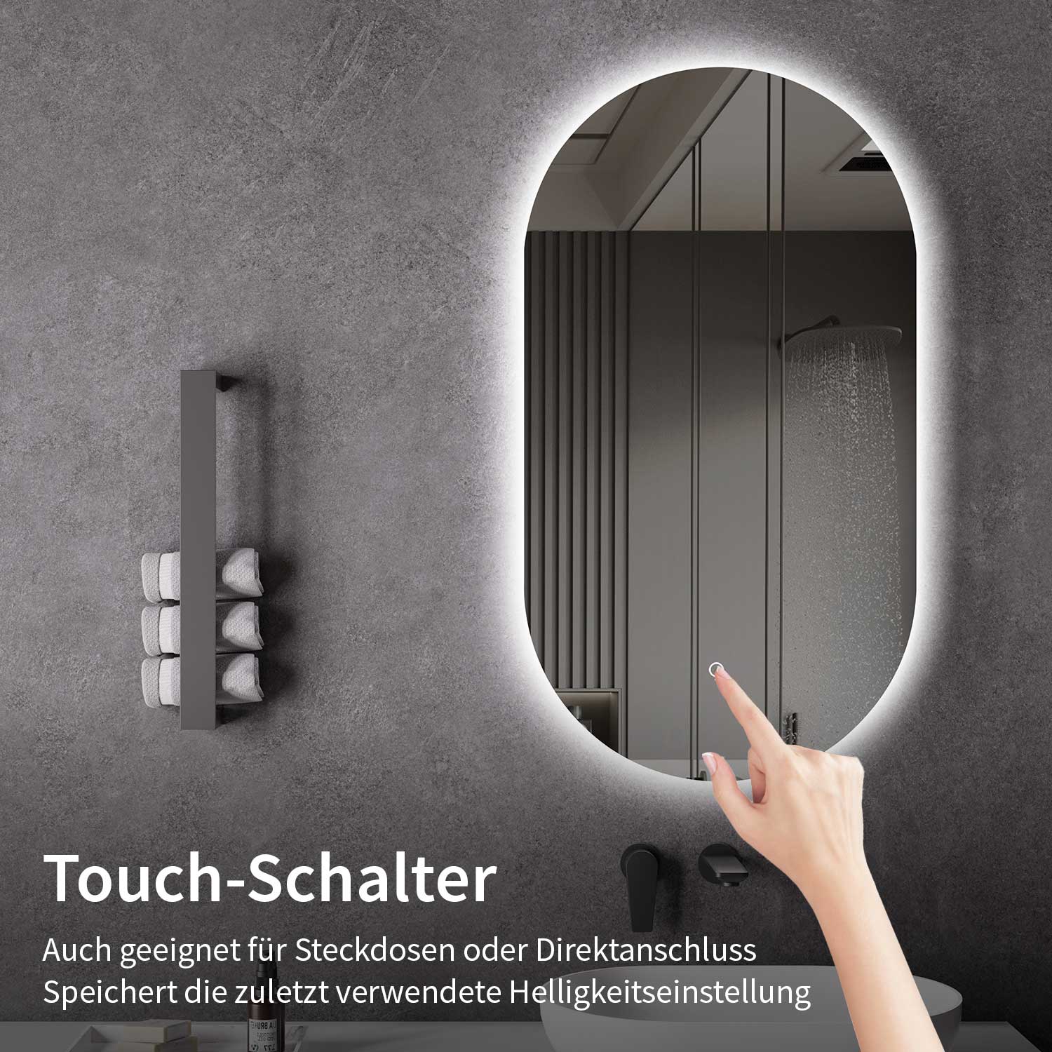 LED Spiegel Oval Spiegelheizung 40x60 oder 55x100 Schwarz Matt Warm-/Kaltlichteinstellung Badspiegel