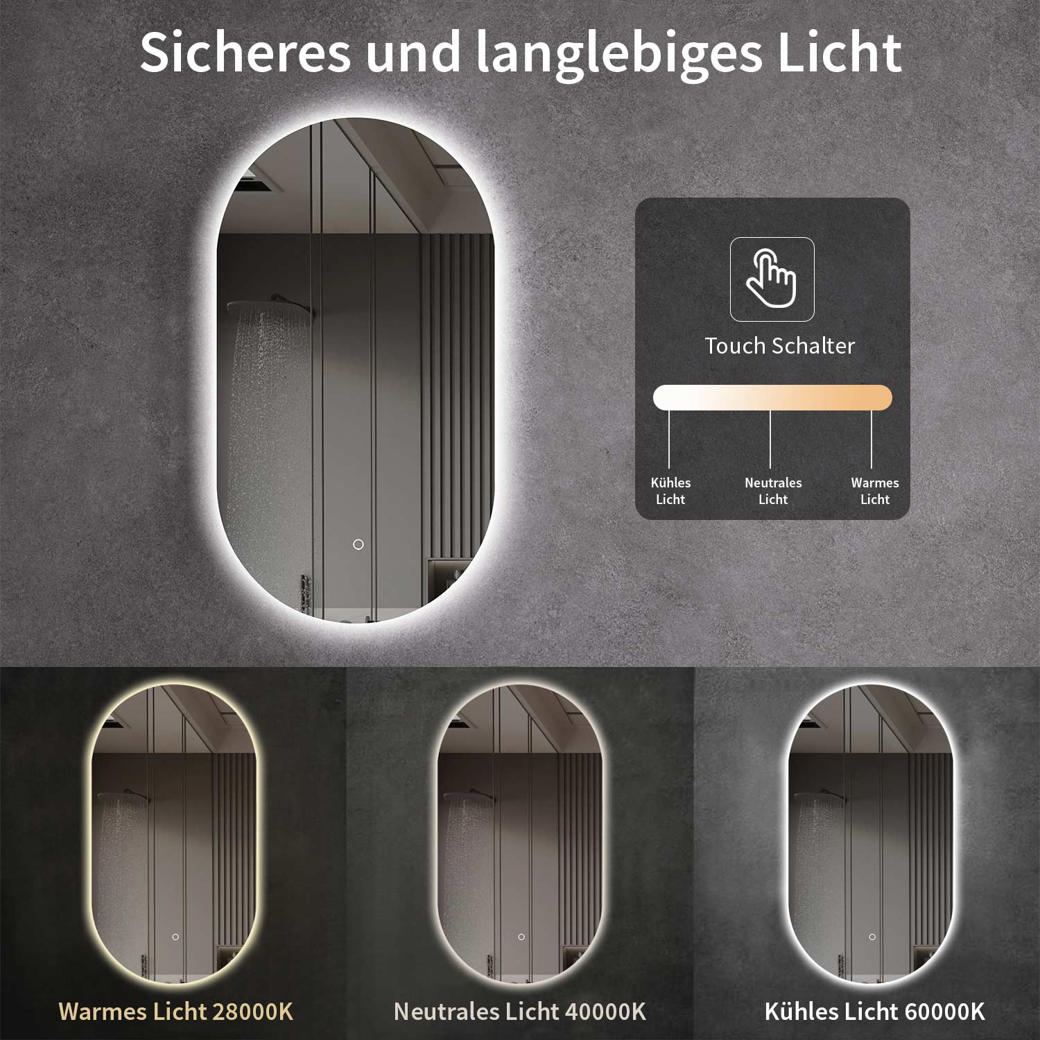 LED Spiegel Oval Spiegelheizung 40x60 oder 55x100 Schwarz Matt Warm-/Kaltlichteinstellung Badspiegel