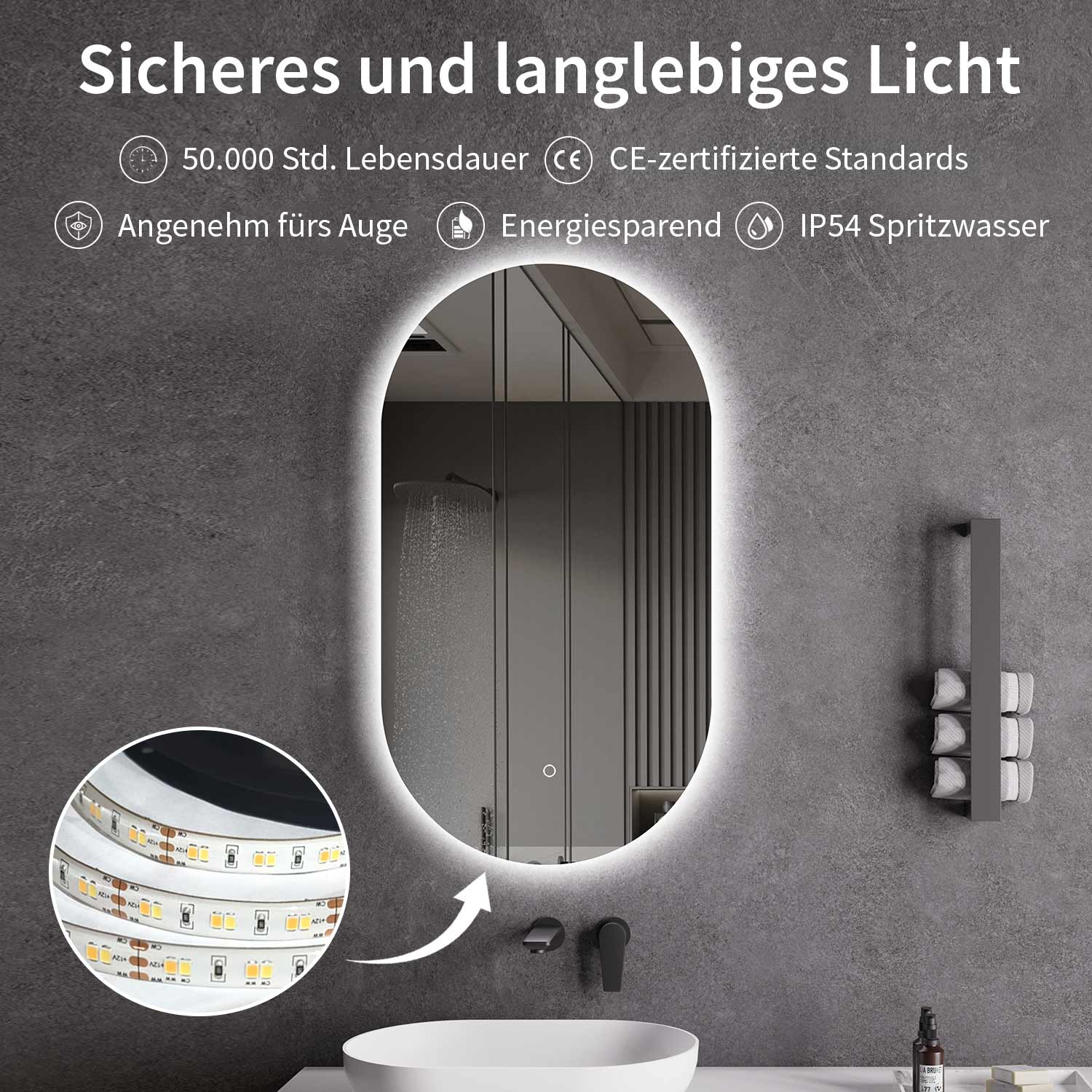 LED Spiegel Oval Spiegelheizung 40x60 oder 55x100 Schwarz Matt Warm-/Kaltlichteinstellung Badspiegel