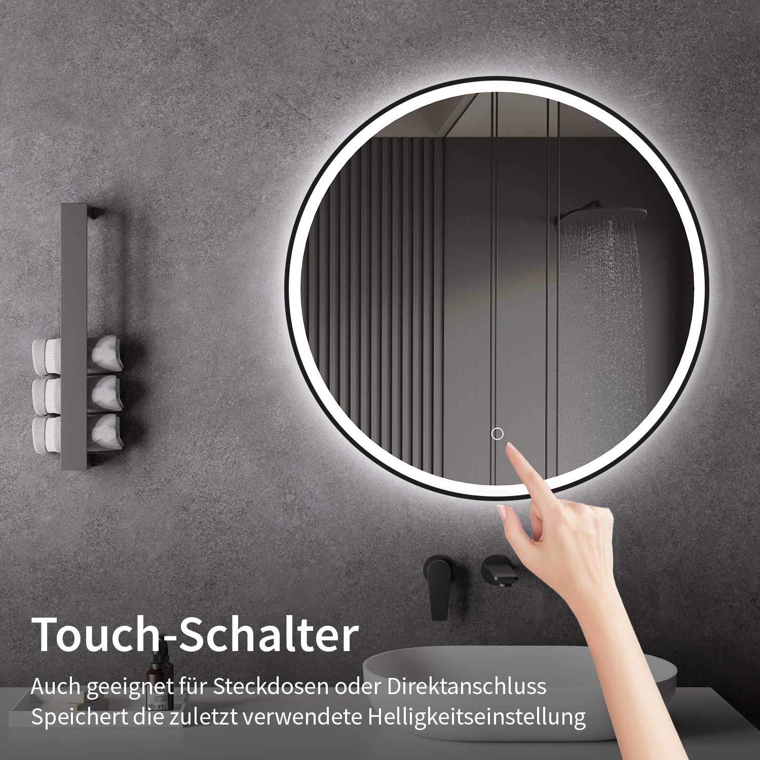 Miroir LED avec chauffage antibuée Ø 60, 80, 100 cm Noir Mat Réglage lumière chaude/froide Miroir de salle de bain