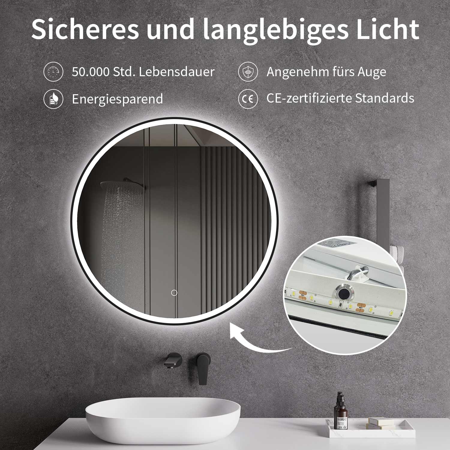 Miroir LED avec chauffage antibuée Ø 60, 80, 100 cm Noir Mat Réglage lumière chaude/froide Miroir de salle de bain