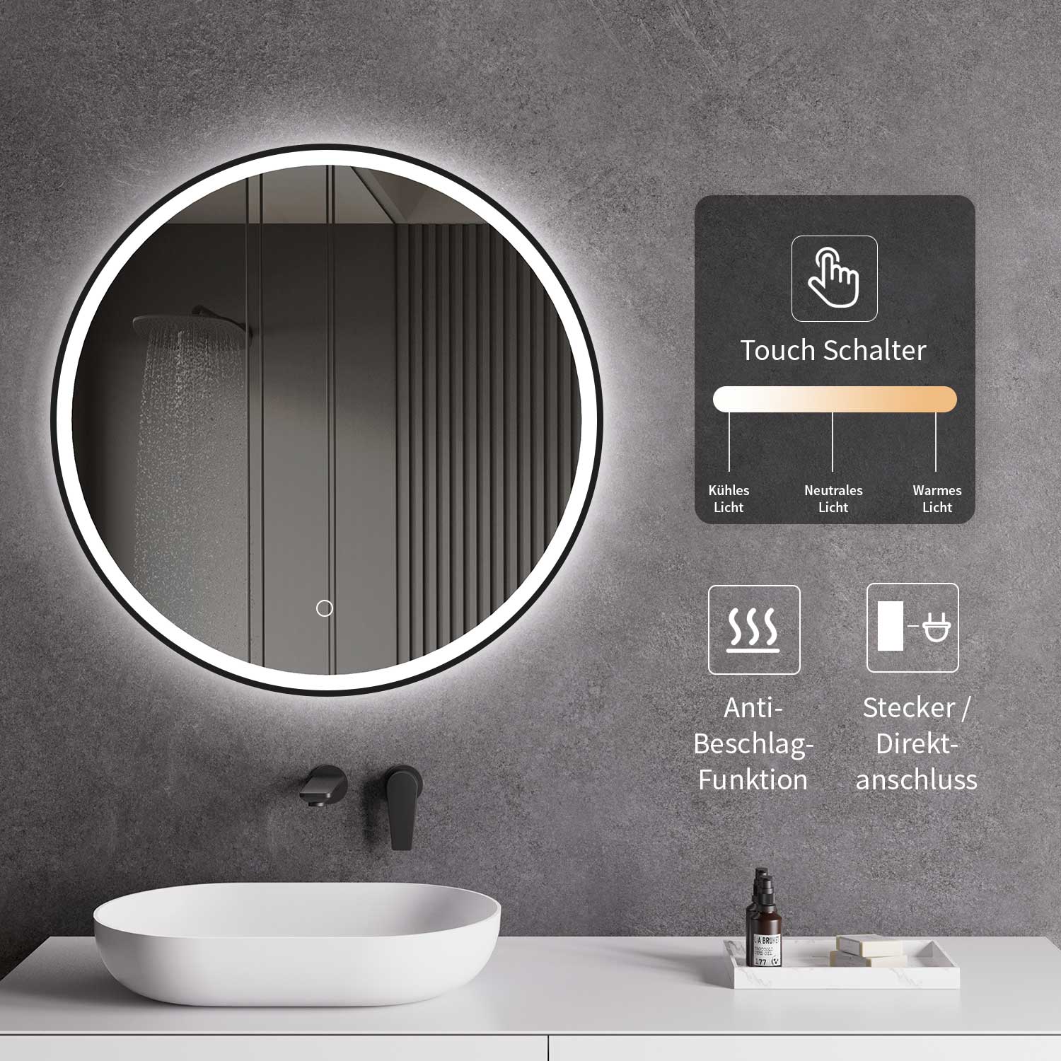 Miroir LED avec chauffage antibuée Ø 60, 80, 100 cm Noir Mat Réglage lumière chaude/froide Miroir de salle de bain