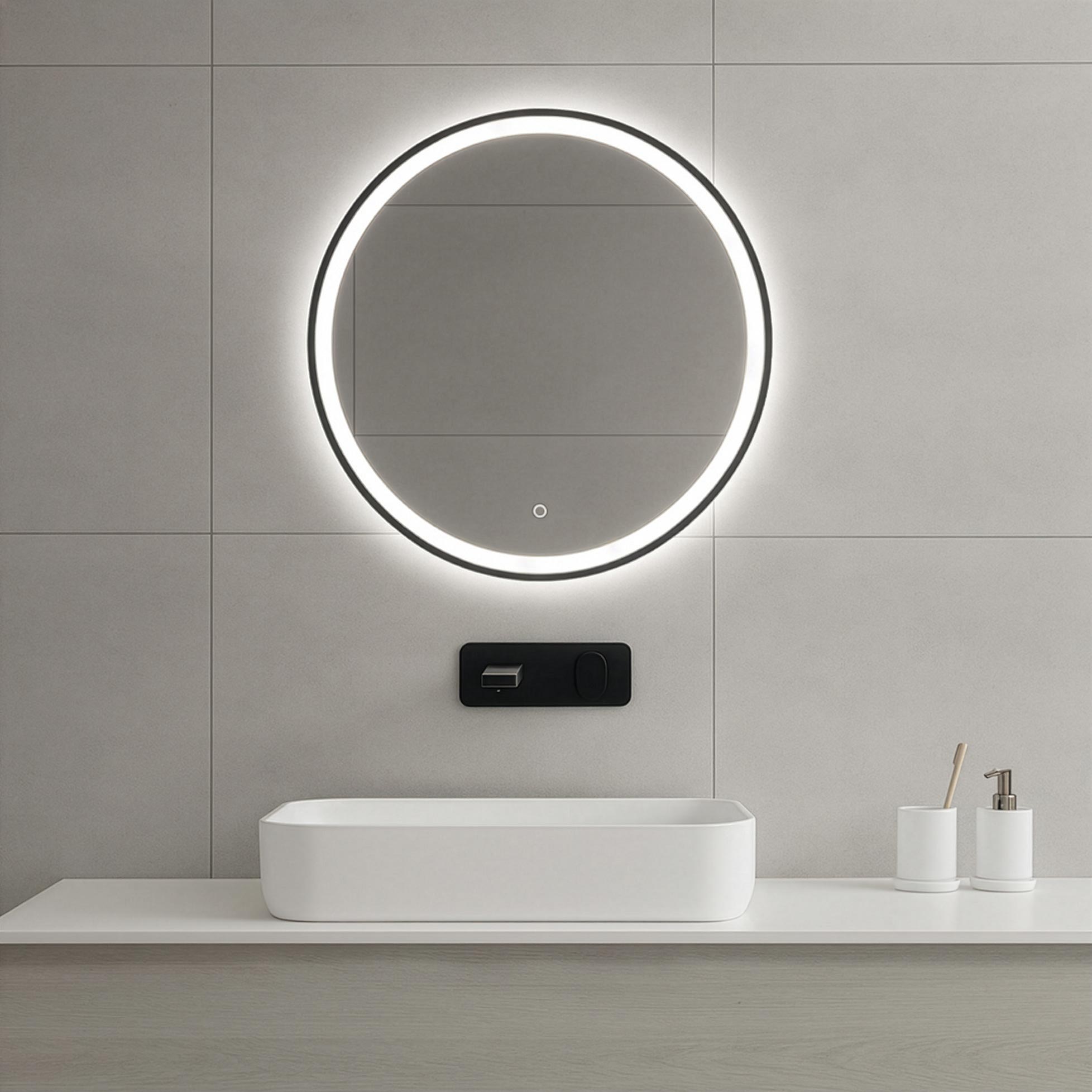 LED zrcadlo se zrcadlovým ohřevem Ø 60, 80, 100 cm, matně černé, nastavení teplého/chladného světla, koupelnové zrcadlo