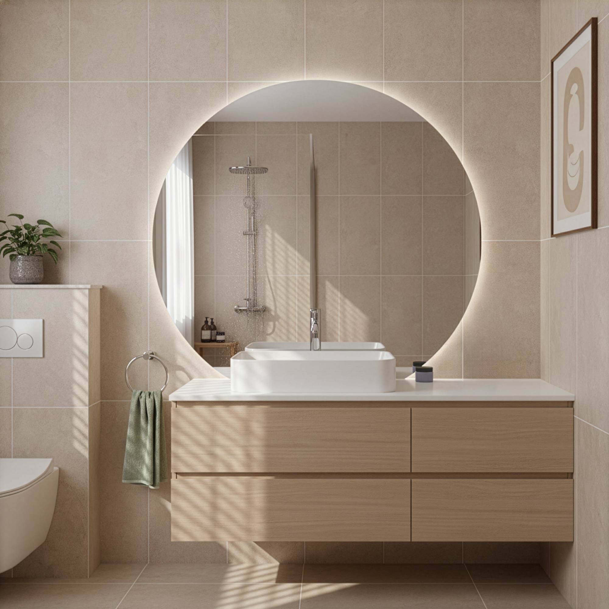 Kulaté LED koupelní zrcadlo s plochým spodním okrajem a ohřevem zrcadla Velikost: 100 - 120 cm