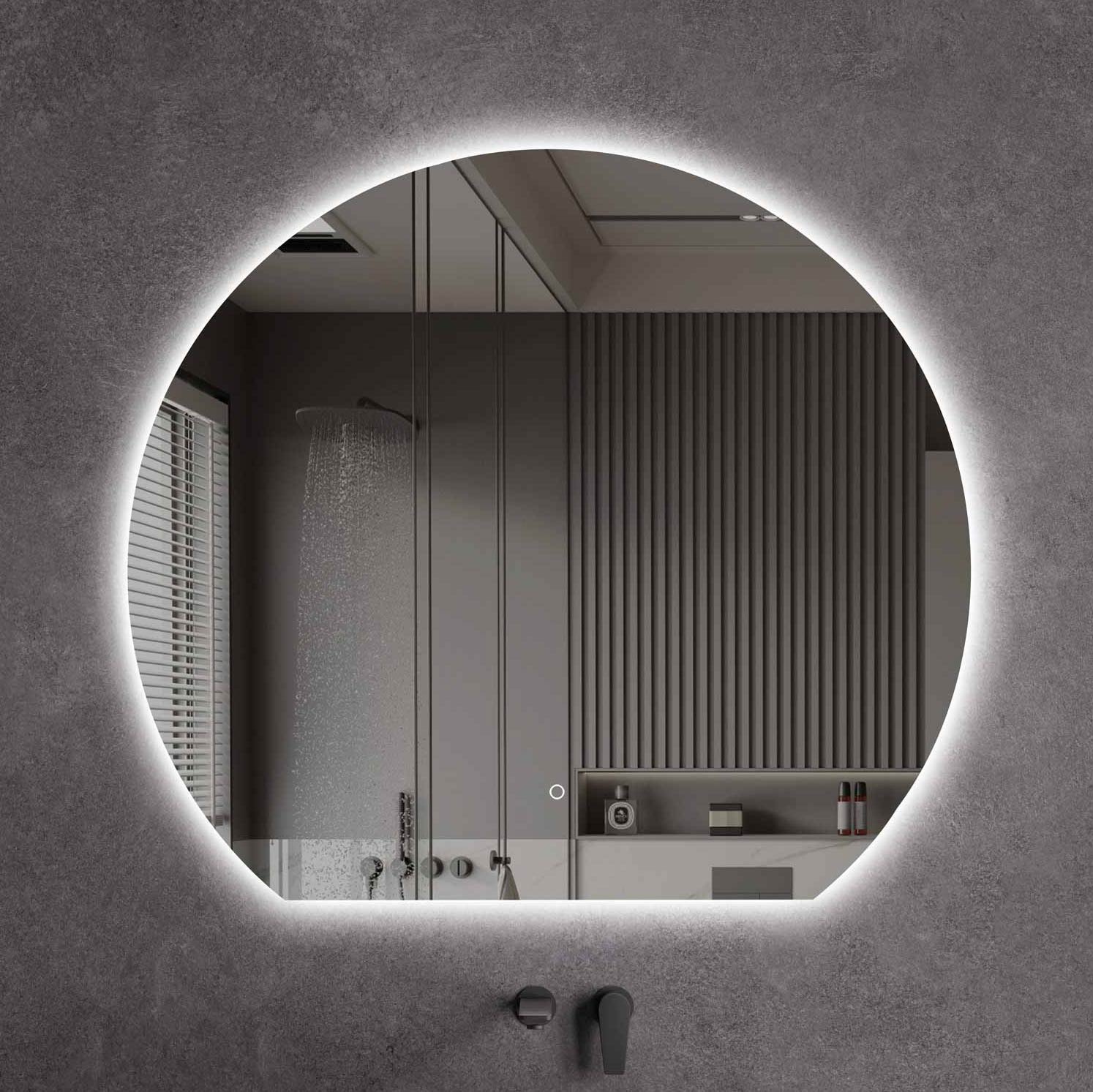 LED-Badspiegel Rund mit flacher Unterkante & Spiegelheizung Größe: 100 - 120 cm