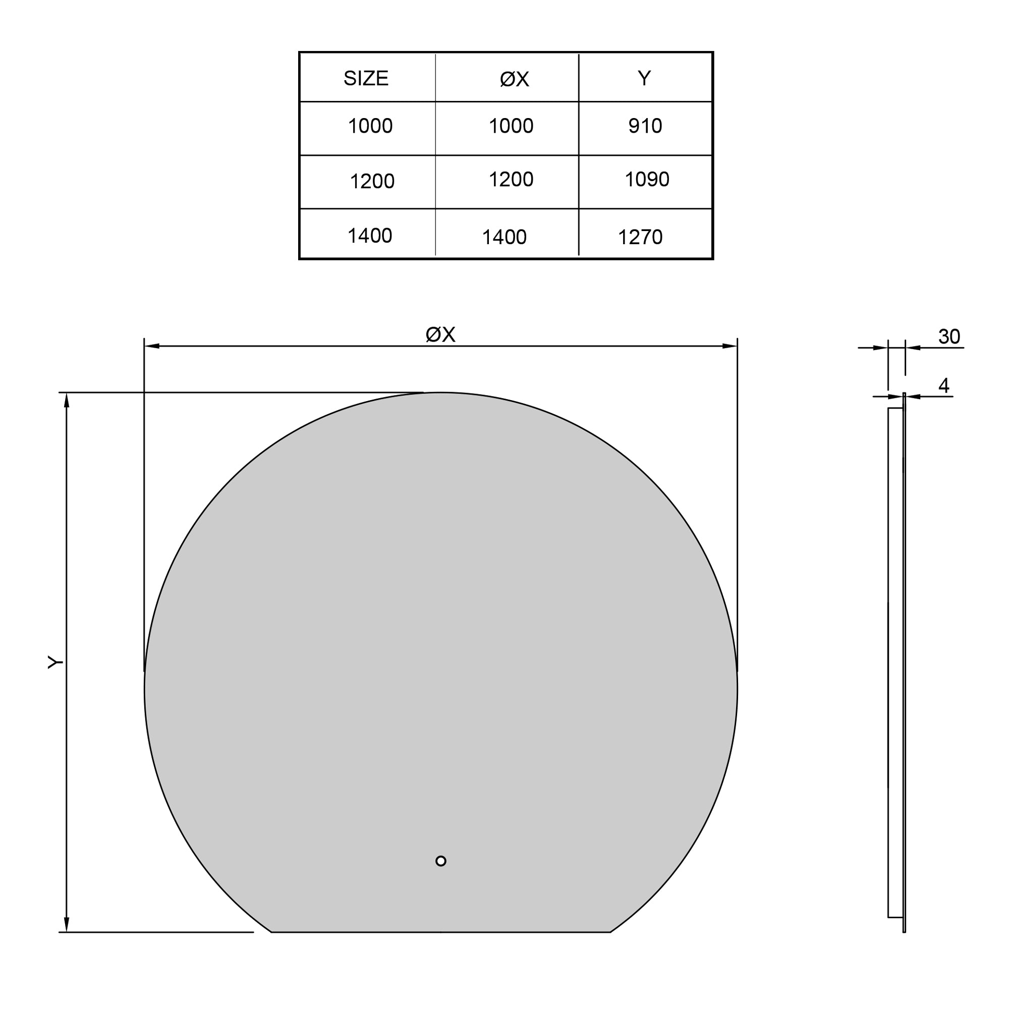 Specchio da bagno LED rotondo con bordo inferiore piatto e riscaldamento, dimensioni: 100 - 120 cm