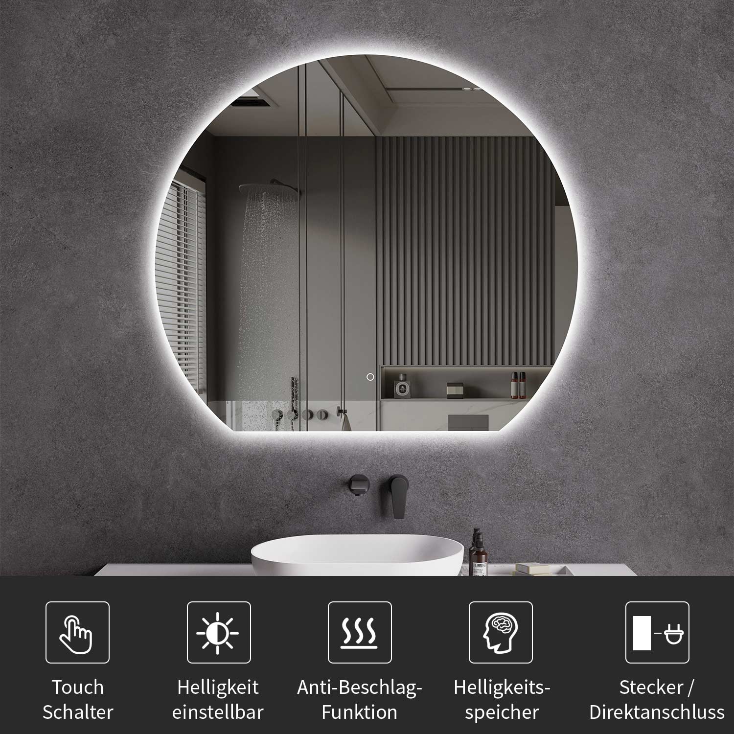 Kruhové LED kúpeľňové zrkadlo s plochou spodnou hranou a ohrevom zrkadla, veľkosť: 100 - 120 cm