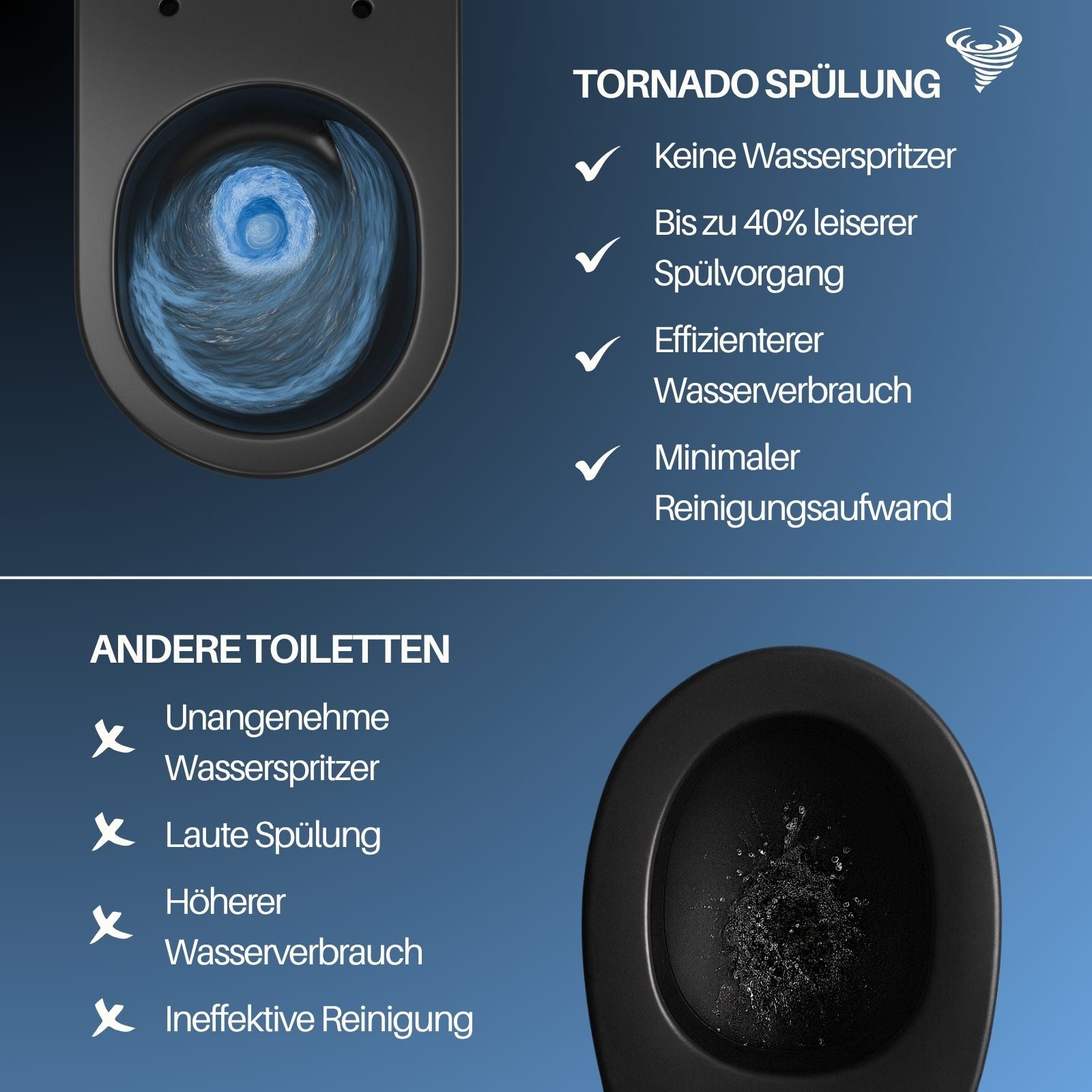 WC suspendu SOHO Whirlflush sans rebord de rinçage, finition mate noire, avec siège WC