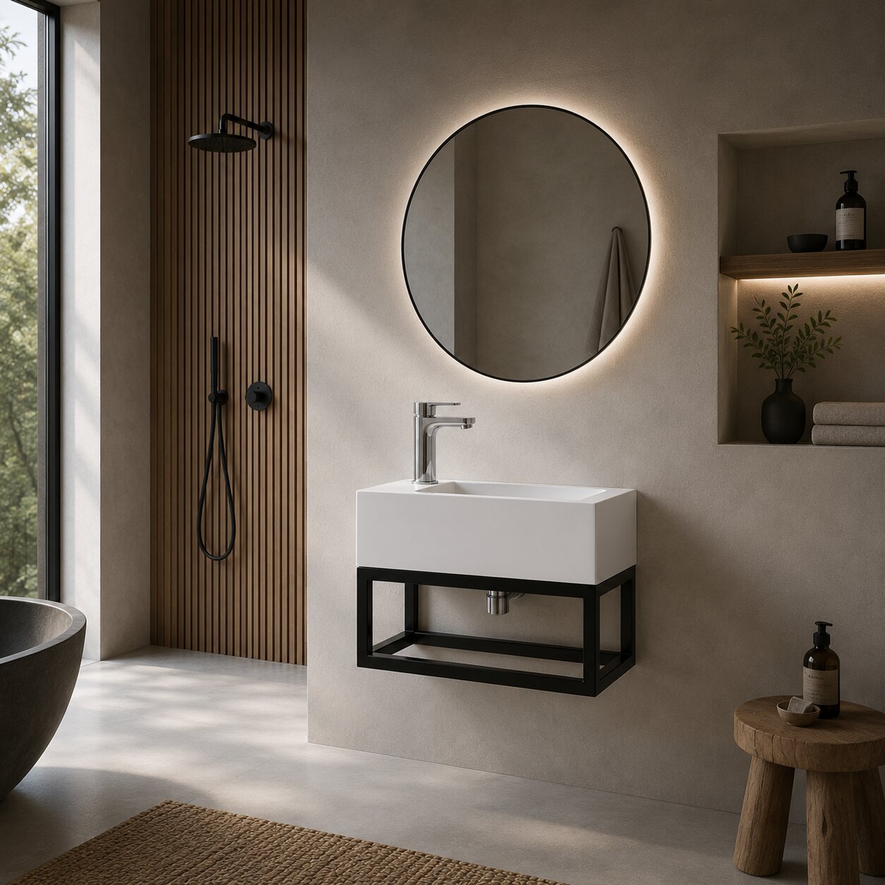STILFORM Lavabi per bagno degli ospiti Soho dal design industriale in Minerallmarmo con struttura in metallo Nero opaco con foro rubinetto