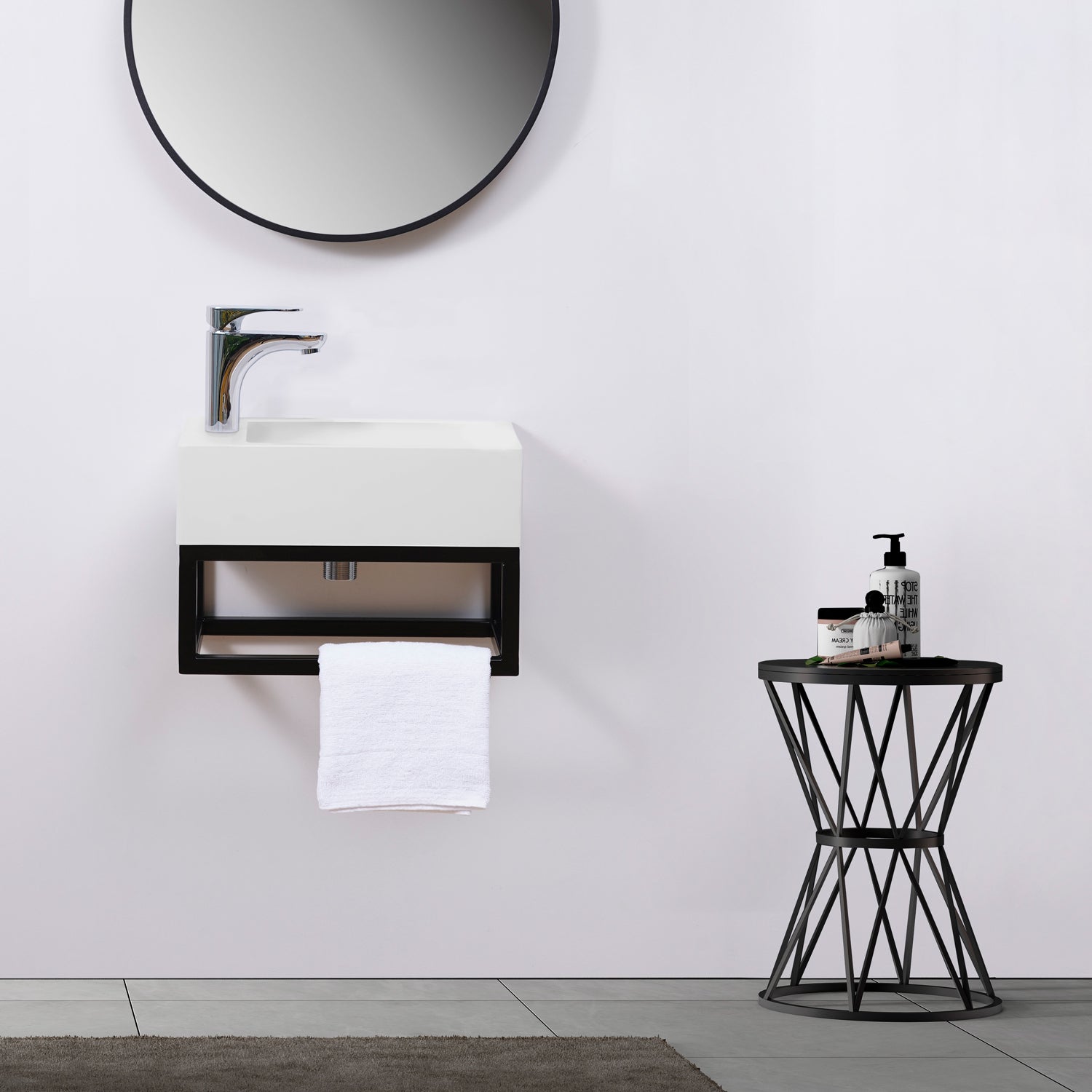 STILFORM lavabo pour WC invités Soho design industriel en résine minérale avec structure métallique noir mat avec trou pour robinet