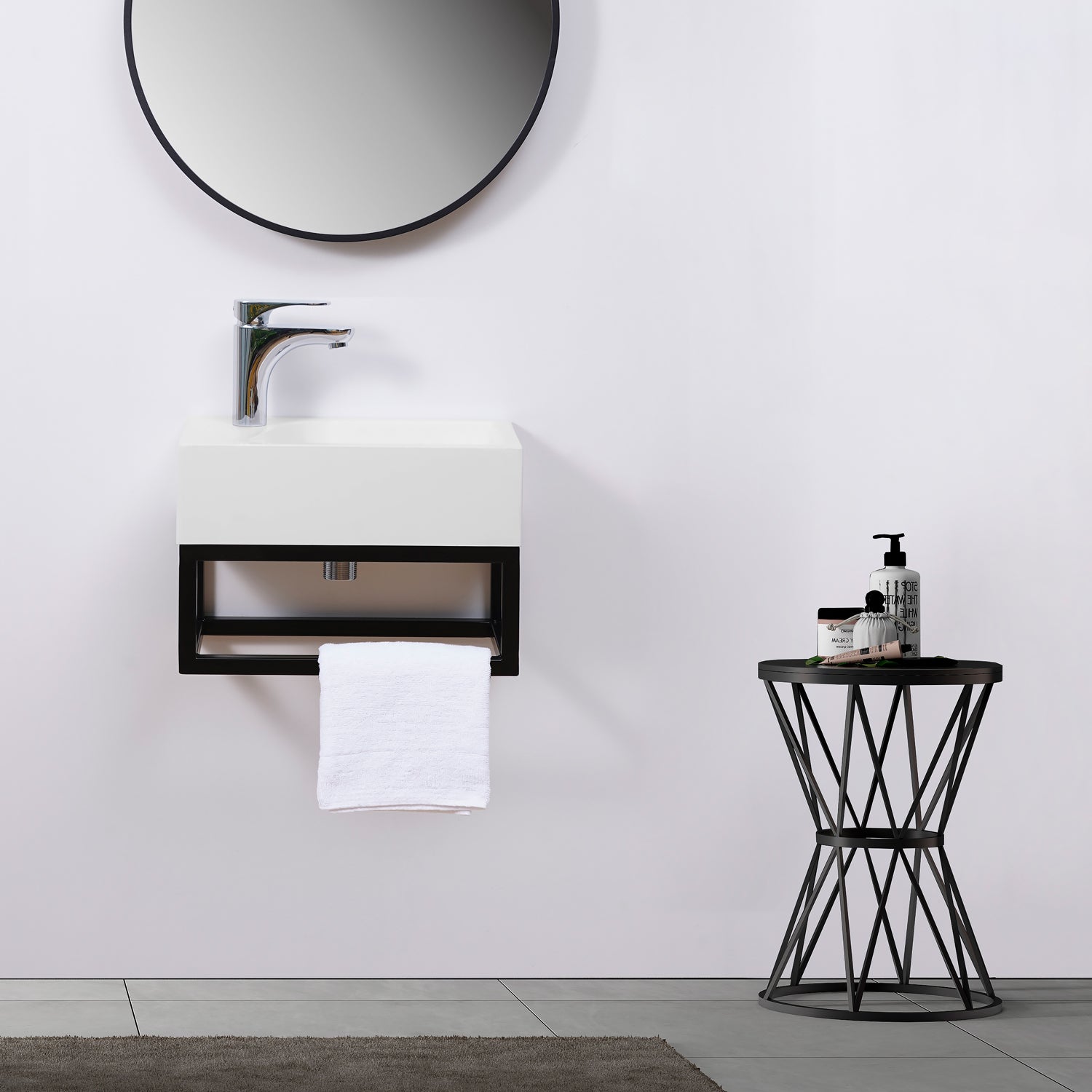 STILFORM Gäste WC Waschbecken Soho Industrial Design aus Mineralguss mit Metallgestell Schwarz Matt mit Hahnloch