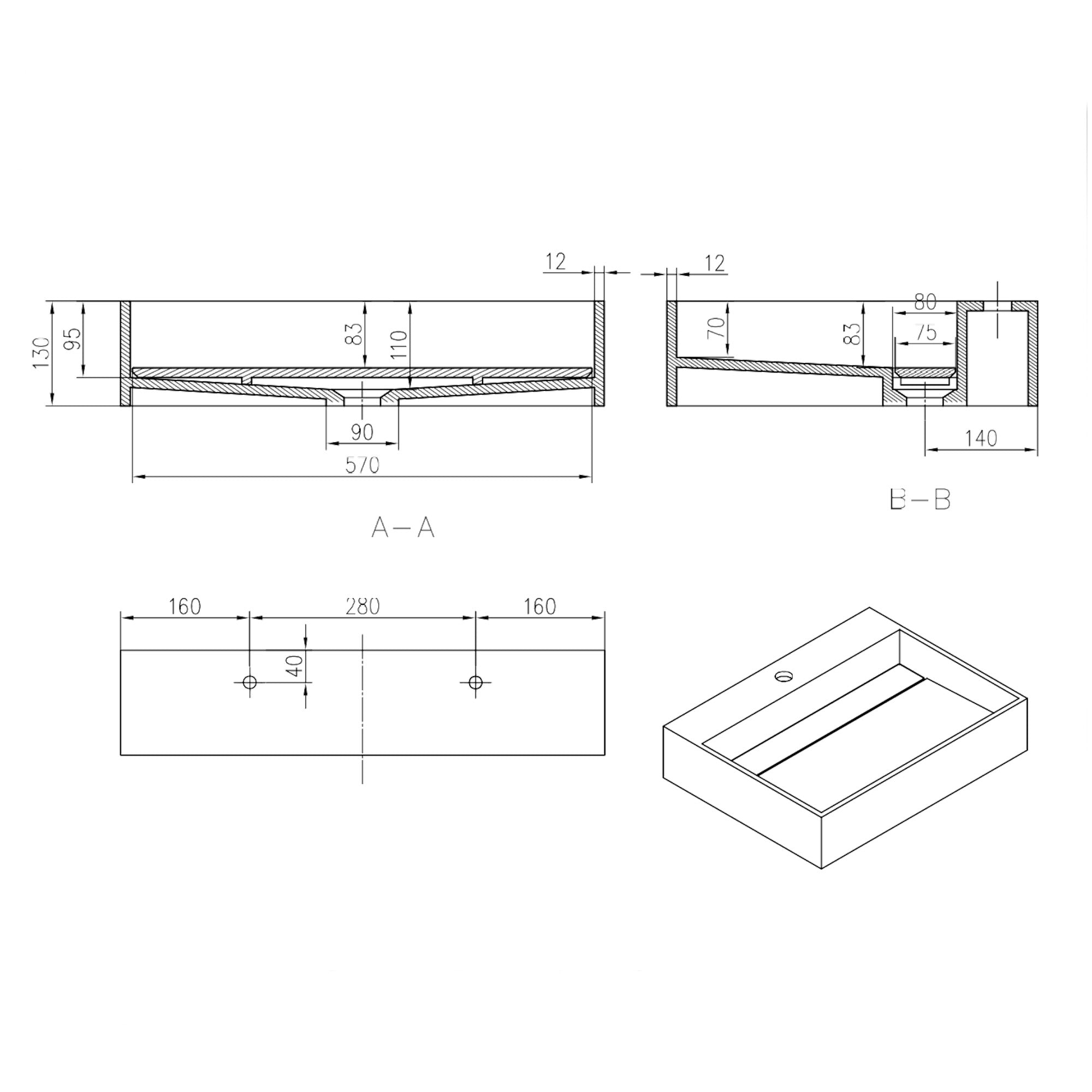 Stilform Wandwaschbecken 60×46×13 cm | aus Mineralguss | Weiß matt