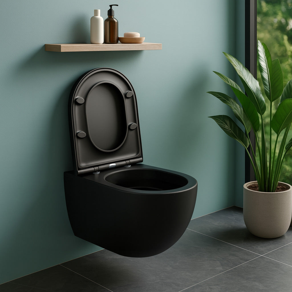 Soho Whirlflush Hänge Wand WC Spülrandlos Toilette Schwarz Matt mit WC-Sitz