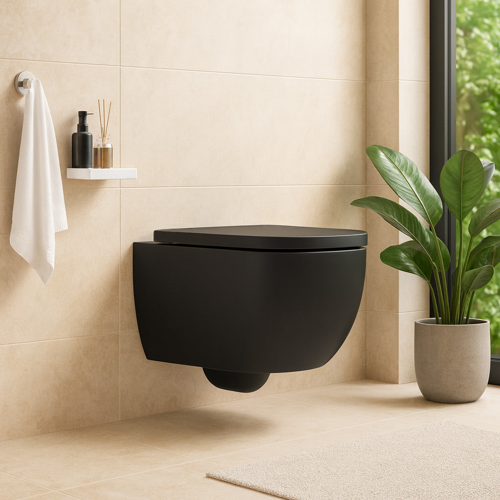 Soho Whirlflush Wisząca toaleta WC bez kołnierza, czarna matowa, z deską sedesową
