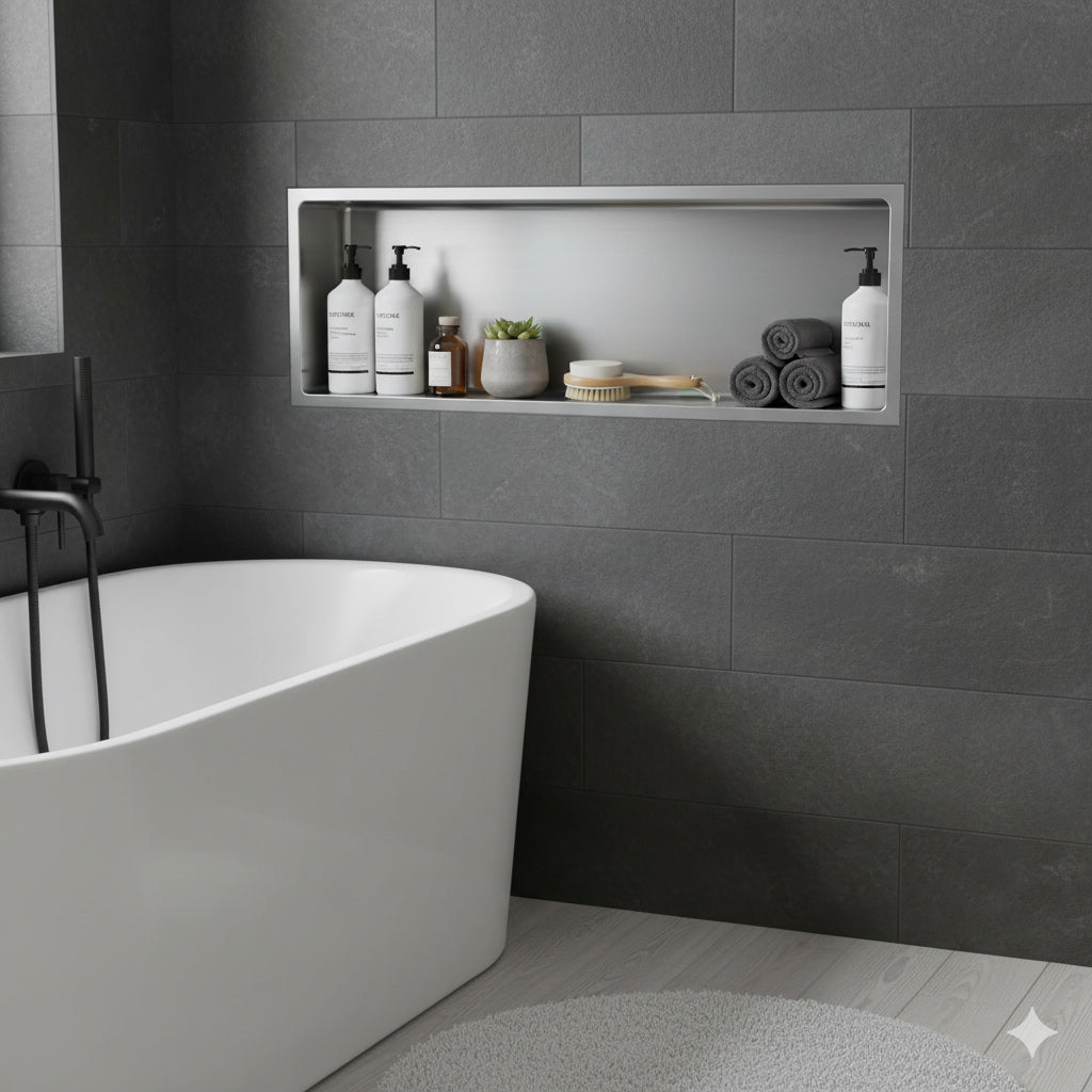 Nicchia da parete Stilform in acciaio inox spazzolato, disponibile in 30x30, 60x30 o 90x30 cm