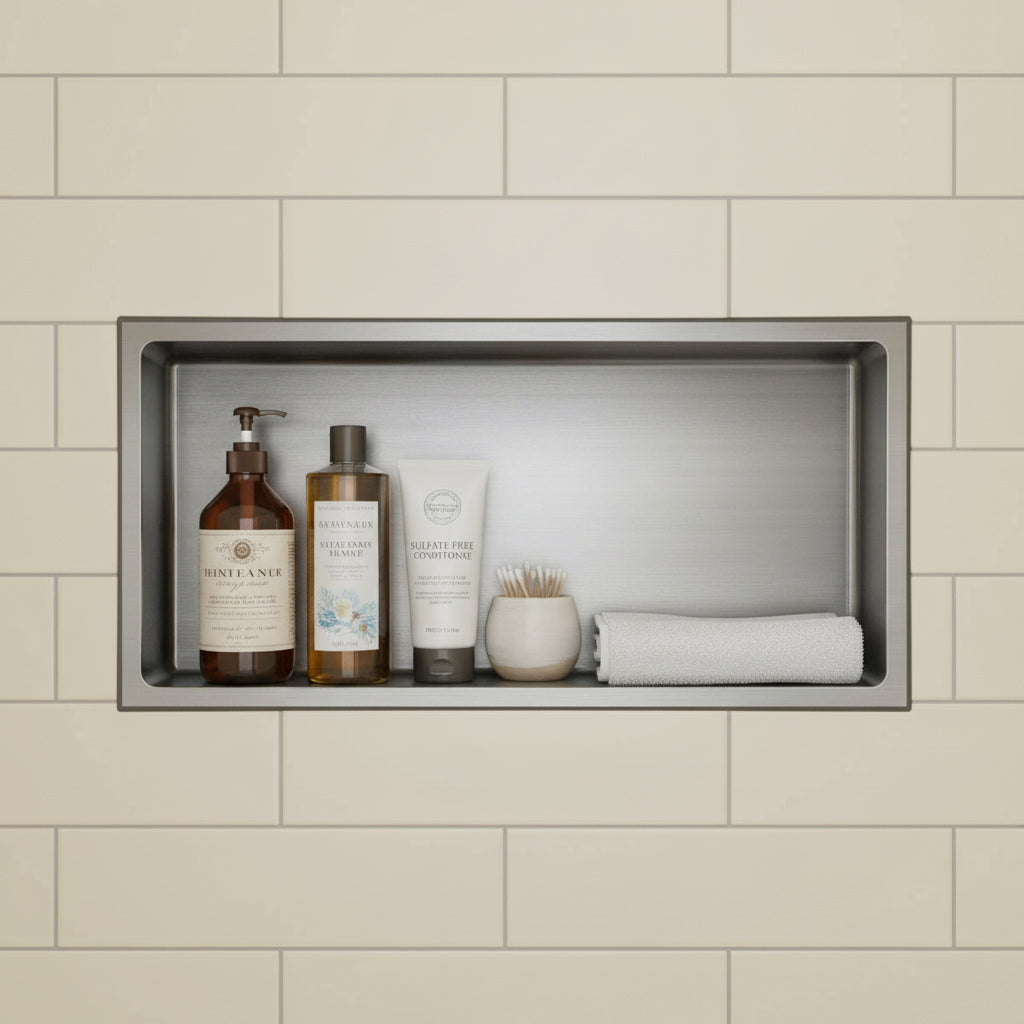 Nicchia da parete Stilform in acciaio inox spazzolato, disponibile in 30x30, 60x30 o 90x30 cm