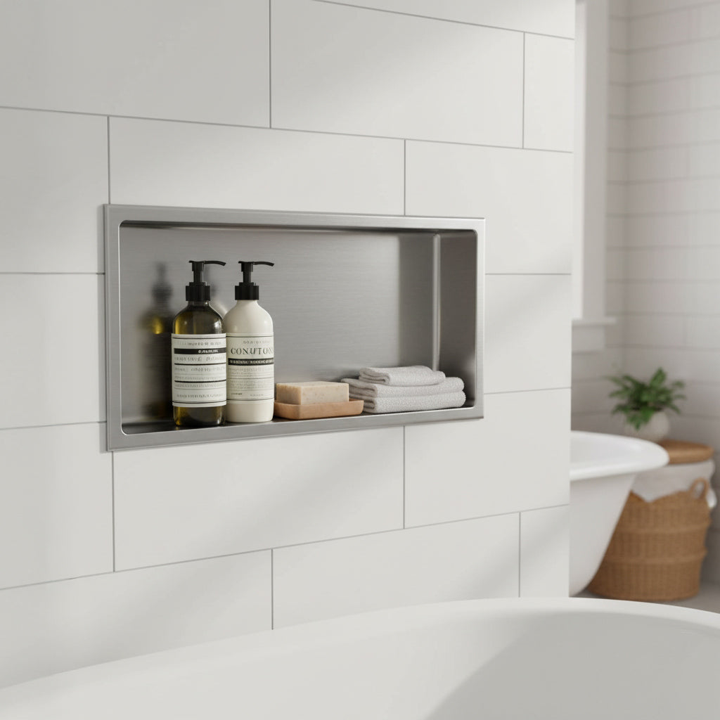 Nicchia da parete Stilform in acciaio inox spazzolato, disponibile in 30x30, 60x30 o 90x30 cm