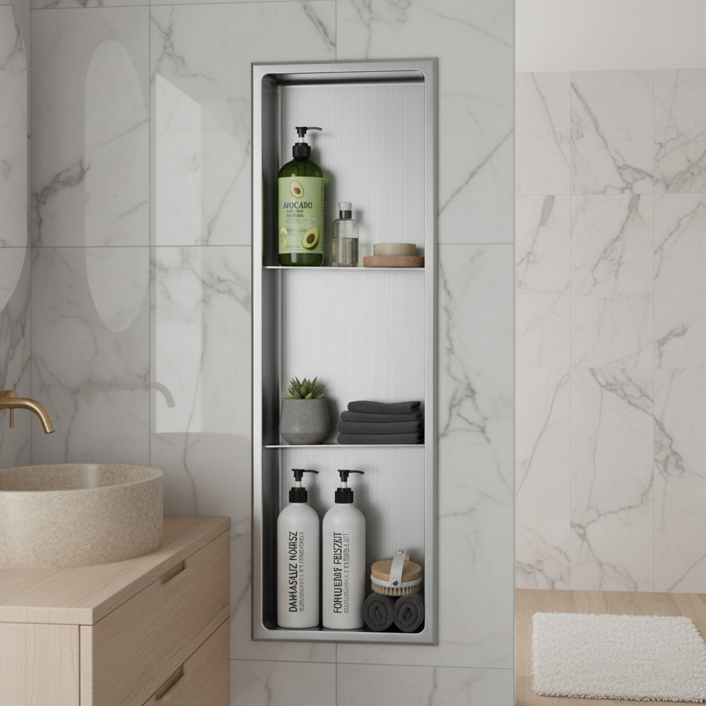 Nicchia da parete Stilform 90 x 30 cm in acciaio inox spazzolato con 2 ripiani, mensola doccia