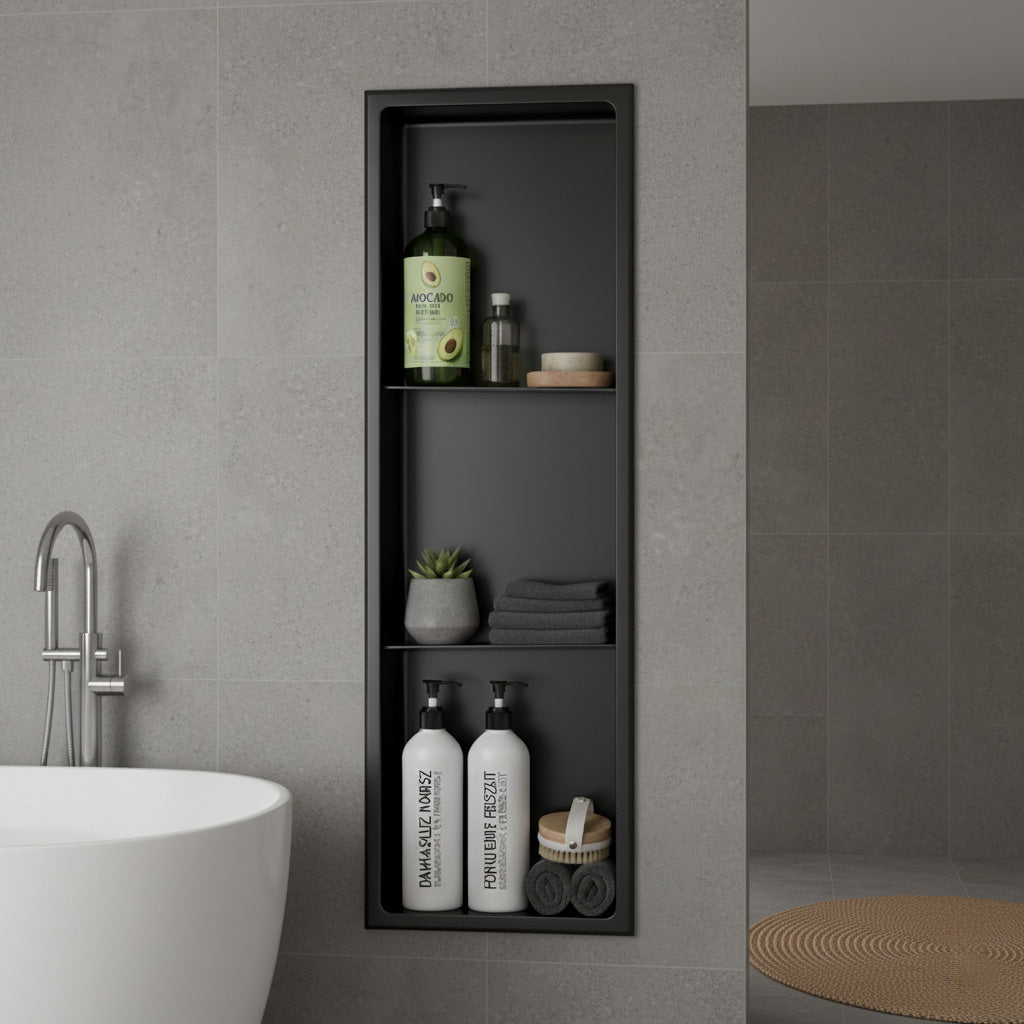 Niche murale Stilform 90 x 30 noir mat en acier inoxydable avec 2 étagères, tablette de douche