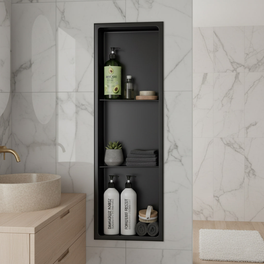 Nicchia da parete Stilform 90 x 30 nero opaco in acciaio inox con 2 ripiani portaoggetti per doccia
