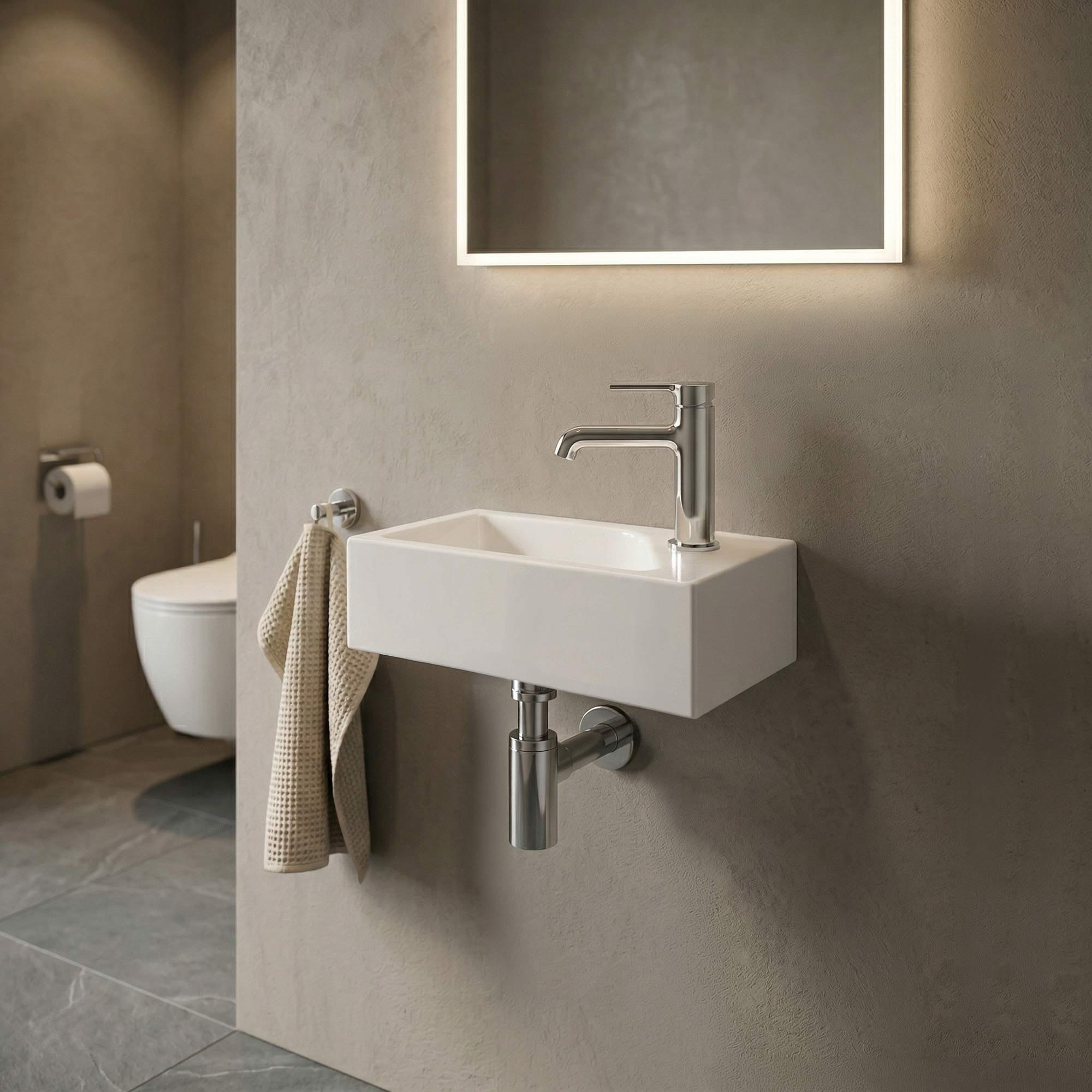 SOHO Guest WC Basin Made from Mineral Cast for Wall Mounting or as a Countertop Basin with Tap Hole