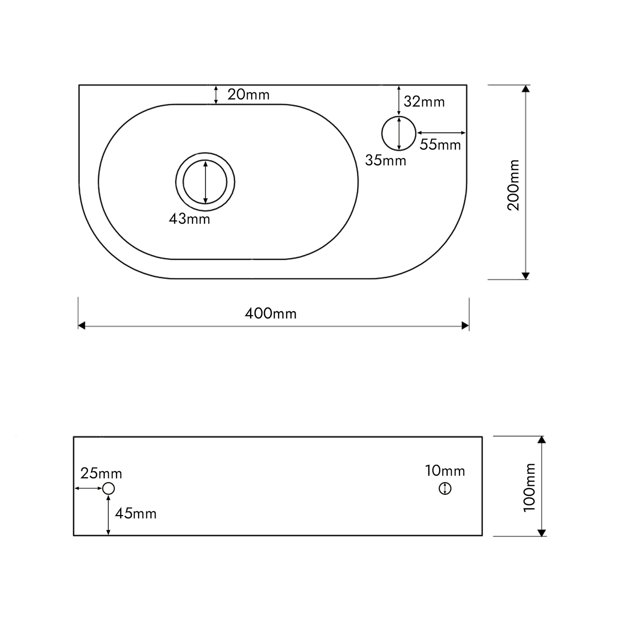 Lavabo per WC ospiti PARK 40x20 cm in mineralguss per montaggio a parete o come lavabo da appoggio con foro rubinetto a destra
