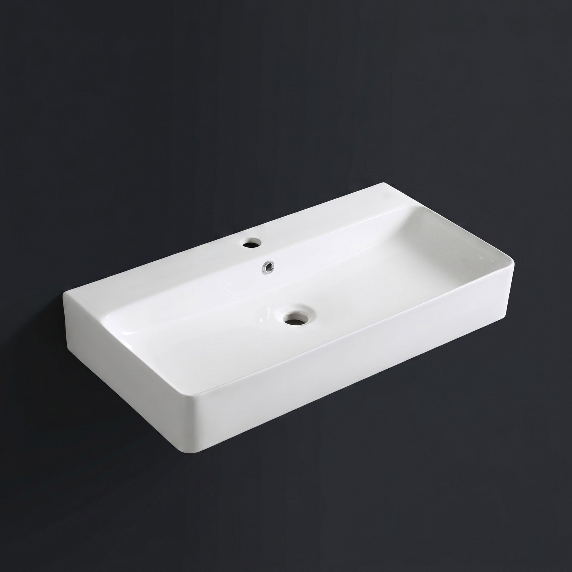 Lavabo Berlin de 80 cm en cerámica de alta calidad para montaje en pared o como lavabo sobre encimera con orificio para grifo