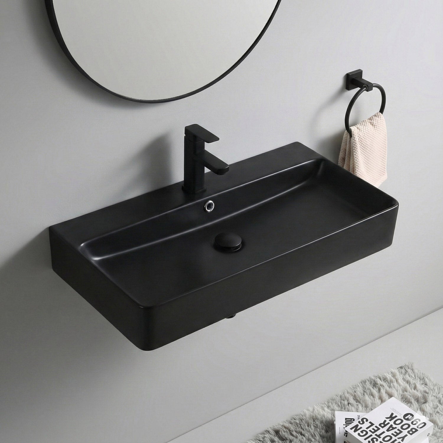 Berlin sink 80 cm black matte ceramic for wall mounting or as a countertop sink with tap hole
